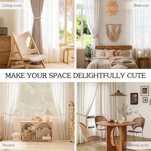 Miniatura 5 de Hion 2 piezas de alzapaños de cortina estilo bohemio, alzapaños de cortina con cuentas de madera, alzapaños para cortinas de estilo granja al aire