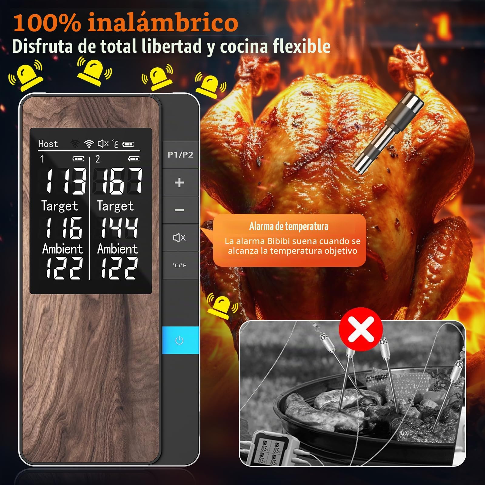 Termometro Cocina Paquete de 2, Pakinui Termometro Digital Cocina Inalámbrico con Aplicación, IP67 a Prueba de Agua Meat Thermometer, Termometro Carne para BBQ, Horno, Grill, Cocina, Asador