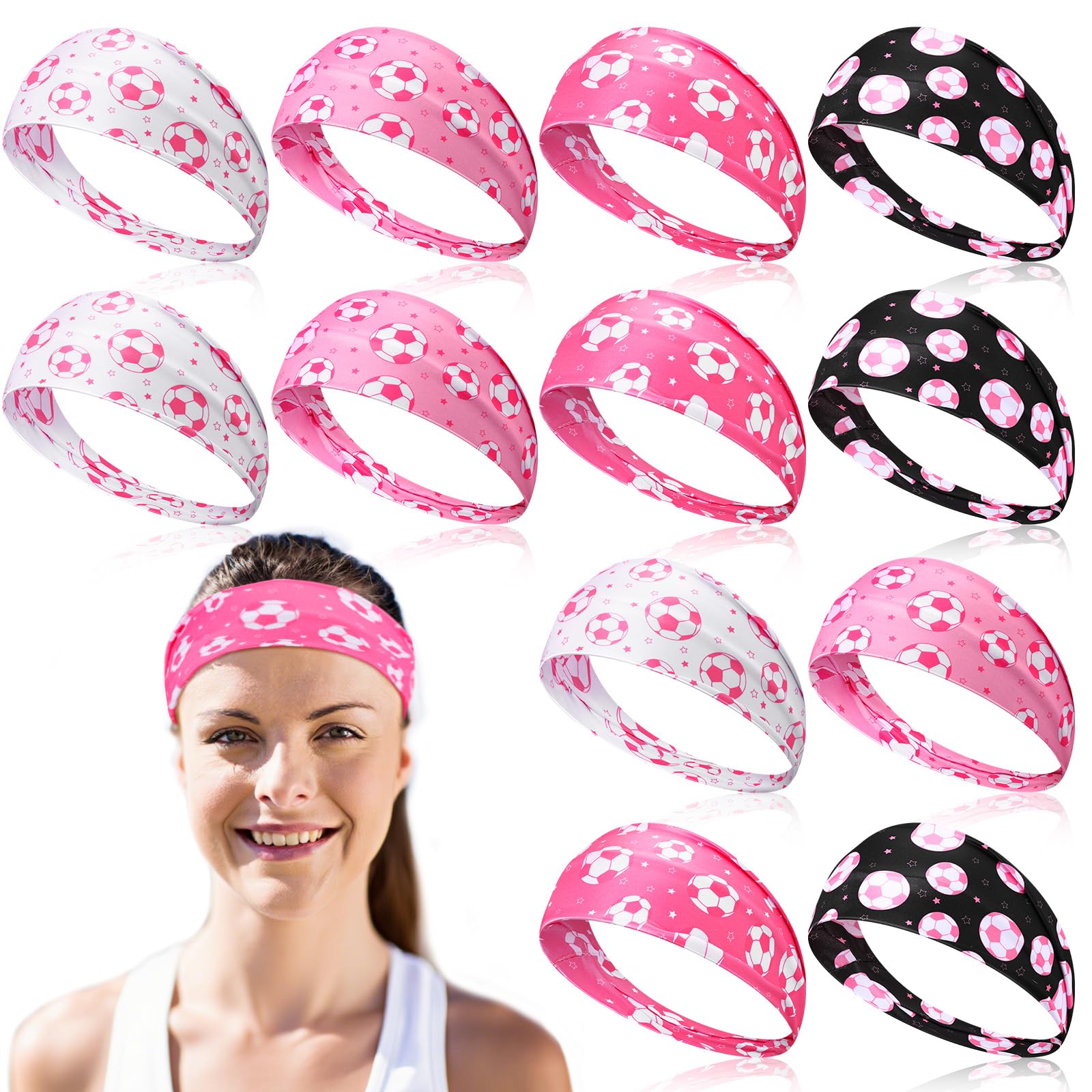 12 Pcs Pink Soccer Headbands Gifts Pink Soccer Hair Accessories Cooling Headbands for Women October Football Team Gift Bulk Elastic Soft Non Slip Hair Bands Warp for Daily Workout Yoga Running Sports-image-17