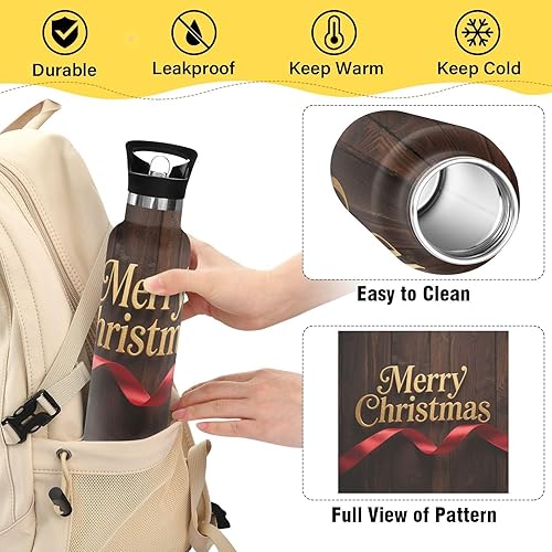 Miniatura 4 de Merry Christmas Text Wood Pattern BPA-Free Leak Proof Reusable Water Bottle With Straws Leak-proof Double-Wall Vacuum Insulation for Travel,