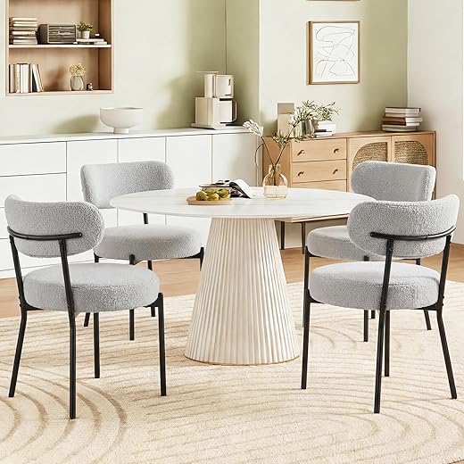 DUMOS Dining Chairs Set of 4, Mid Century Modern Chair Round Upholstered Curved Backrest, Kitchen Vanity Living Room Chairs with Black Metal Legs，Classic Grey