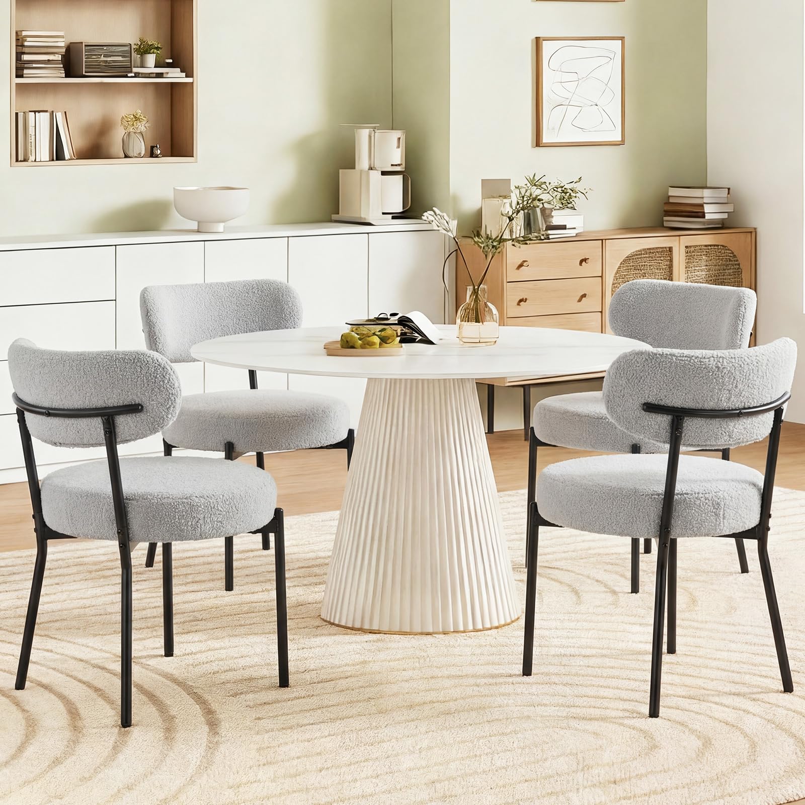 DUMOS Dining Chairs Set of 2, Mid Century Modern Chair Round Upholstered Curved Backrest, Kitchen Vanity Living Room Chairs with Black Metal Legs，