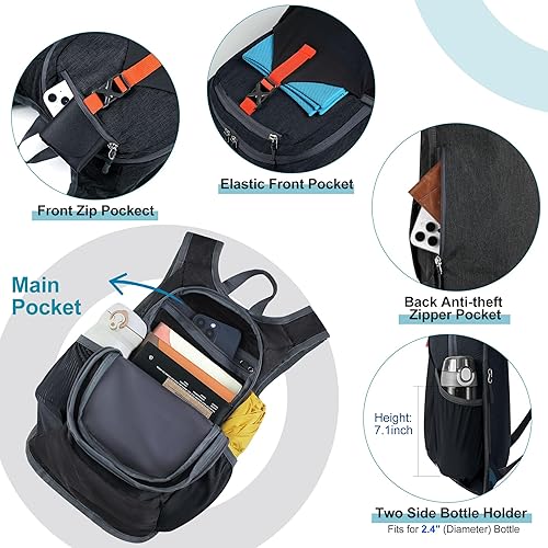 Miniatura 4 de FIORETTO Mochila de senderismo de 15 litros para mujeres y hombres, mini mochila plegable ligera para acampar viajes al aire libre, color negro