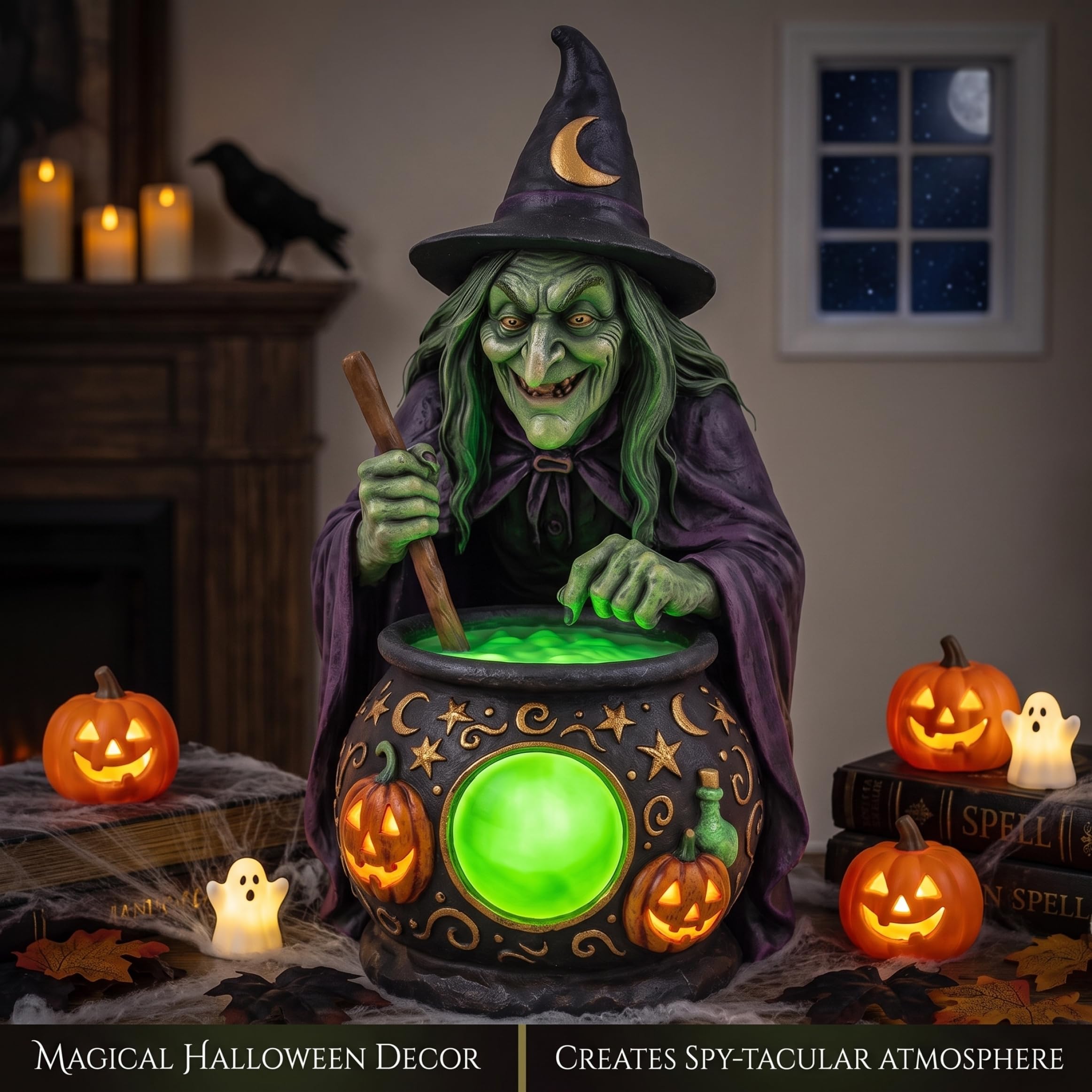 Lampada da strega di Halloween, strega di Halloween con calderone, decorazione a doppia funzione e lampada da tavolo, nera