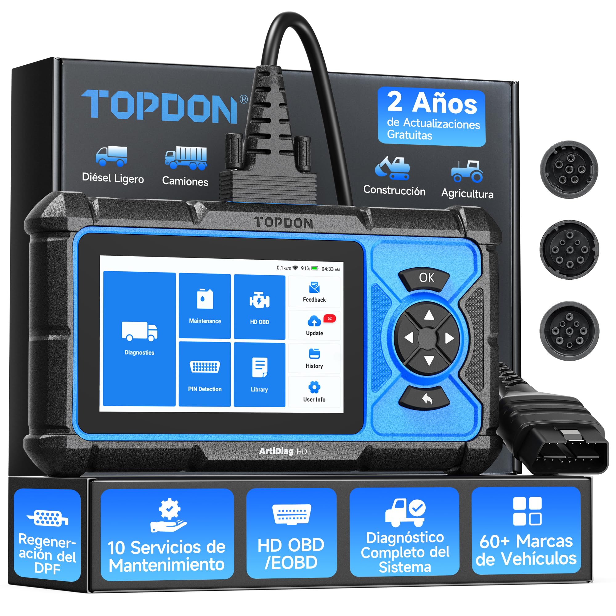 TOPDON ArtiDiag HD OBD2 Diesel y Gasolina Herramiento de Diagnóstico para Vehículos Pesados ​​Motores Diésel, 10 Servicios: DPF, Límite de Aceite/Velocidad, OBD/EOBD HD, Actualizaciones 2 Años