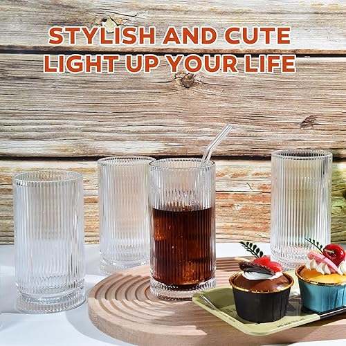 Miniatura 3 de Vasos acanalados de 16 onzas, cristalería acanalada, juego de 4 vasos altos vintage acanalados, vasos de cóctel estilo origami, tazas de vidrio