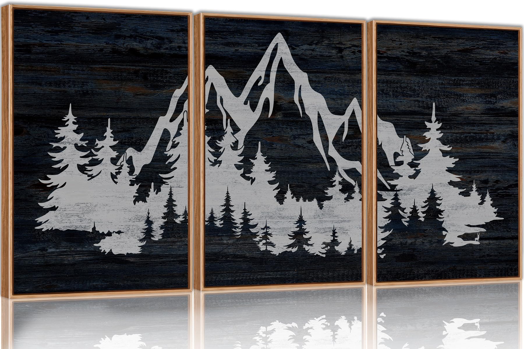 SIKERIC Wood Panel Style Mountain Wall Art, Framed Canvas Prints Set of 3, Pine Tree Forest Decor, Nature Landscape Paintings for Living Room, Bedroom, Office, Each Pic Is 24 In W.  36 In H, All 3 Pics Together Measure 72 In Wide ***Different Style Than Stock Photo, See Pics***