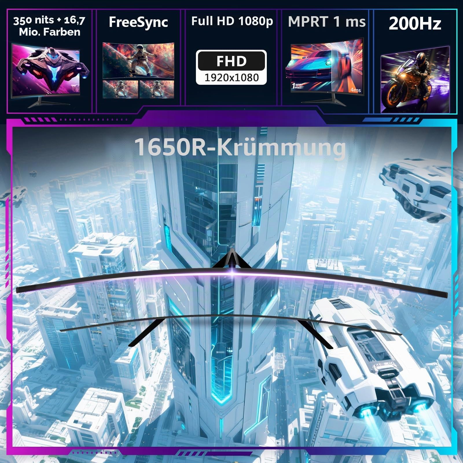 Z-Edge 24 Zoll Curved Gaming Monitor 200Hz 1ms VA 1080P 130% sRGB HDMI DP | Gebogener Bildschirm 16:9 Full HD 1920x1080, 300cd/m² Helligkeit, 3000:1 Kontrast, FreeSync, Fadenkreuz, Schwarz