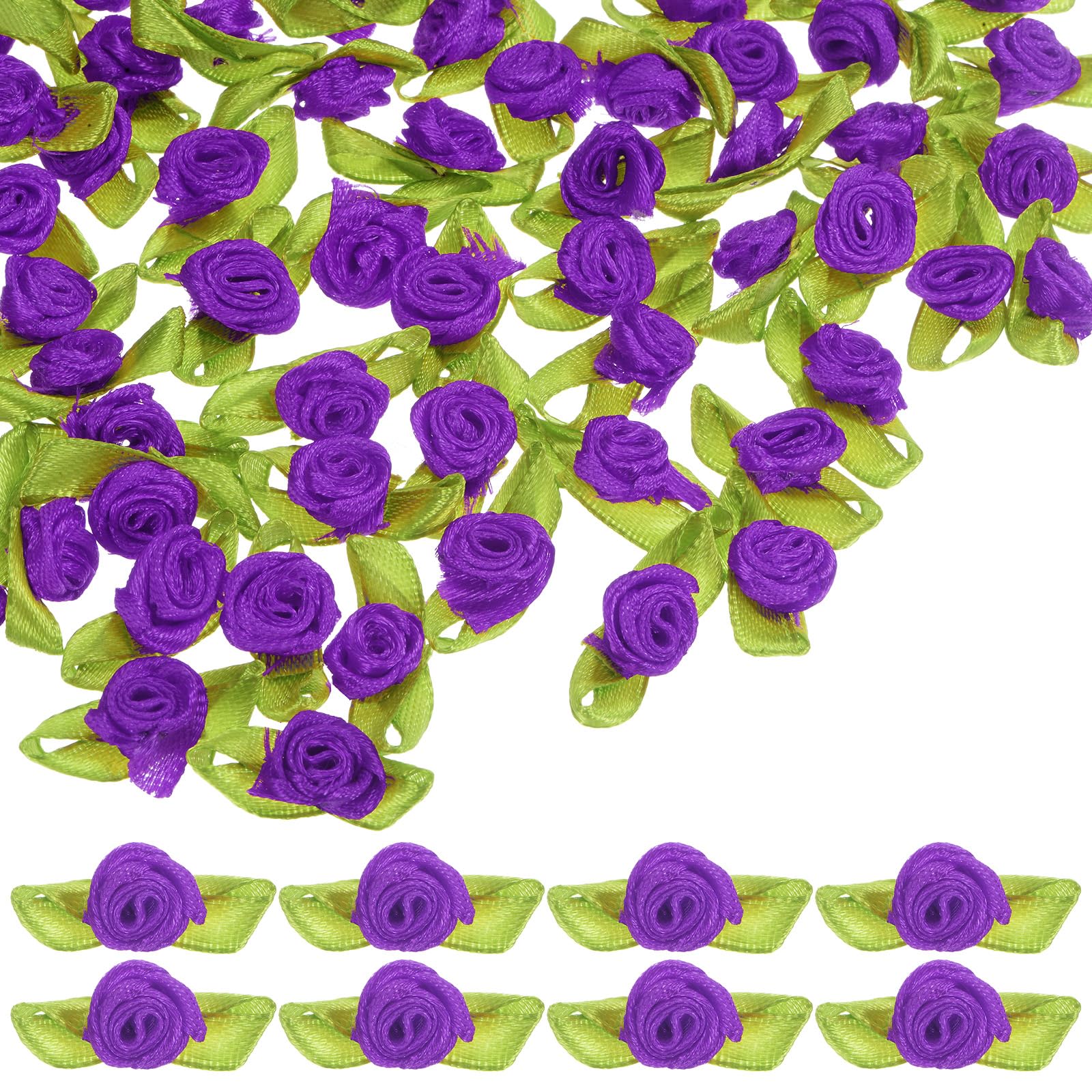 M METERXITY 200-Pack Mini Ribbon Roses, Mini Fabric Flowers with Green Leaves Fabric Roses Ribbon Small Satin for Crafts DIY/Wedding/Ornament/Party/Home/Sewing [Purple]