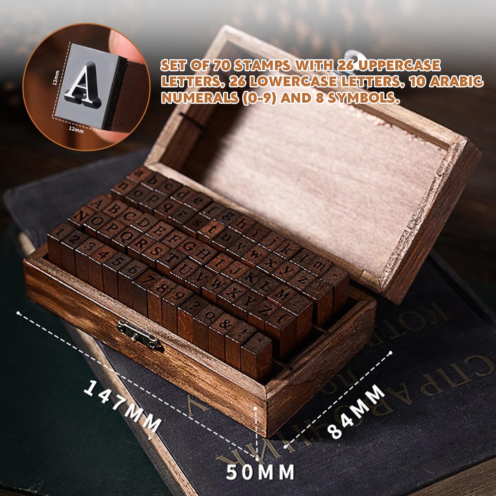 70 piezas Juego de Sellos de Madera y Goma,Sellos de Alfabeto Sellos de Letras Multiusos con Caja de Madera para Manualidades, Tarjetas, Álbum Recorte, Decorar