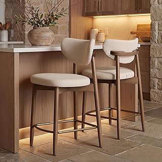 VASAGLE Wooden Bar Stools Set of 2, Linen-Look Fabric, Cappuccino Beige | Mid Century Modern, Linen-Look Fabric, Solid Wood Legs, Ergonomic Backrest, Beige, MAZIO Collection ULBC125L101