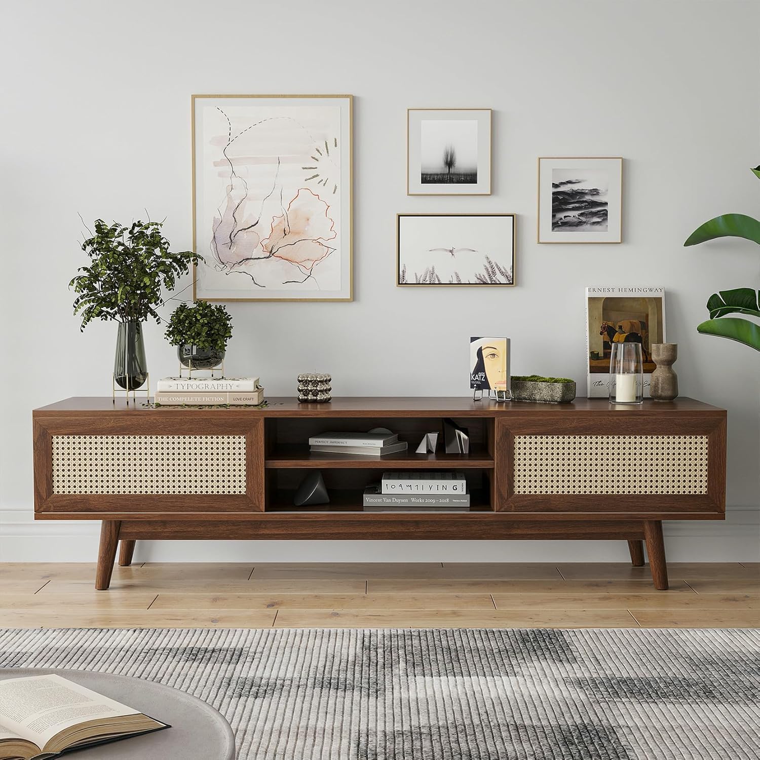 Madwoodk Solid Sheesham Wood TV Unit | Mid Century Modern TV Stand with Rattan Cane Doors, 1 Drawer & Open Shelf | Entertainment Cabinet | Dark Walnut Natural Finish | (Size 65X15.5X18 Inches)-image-22