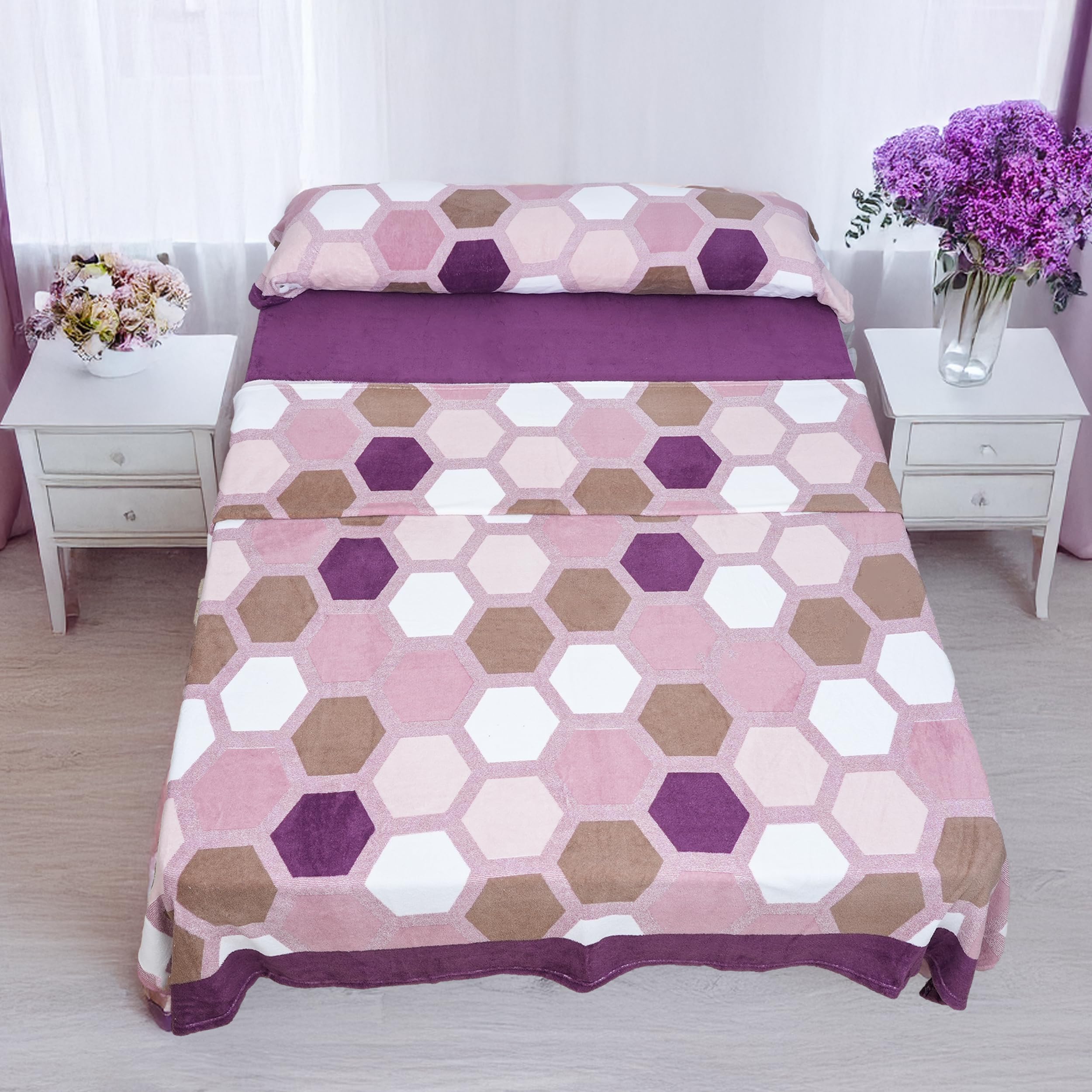 H HANSEL HOME Juego de Sábanas de Coralina Térmicas para Invierno - Cama 135, 3 Piezas: Funda de Almohada, Bajera Ajustable y Encimera - Suaves y Calentitas, Hexágonos Rosa