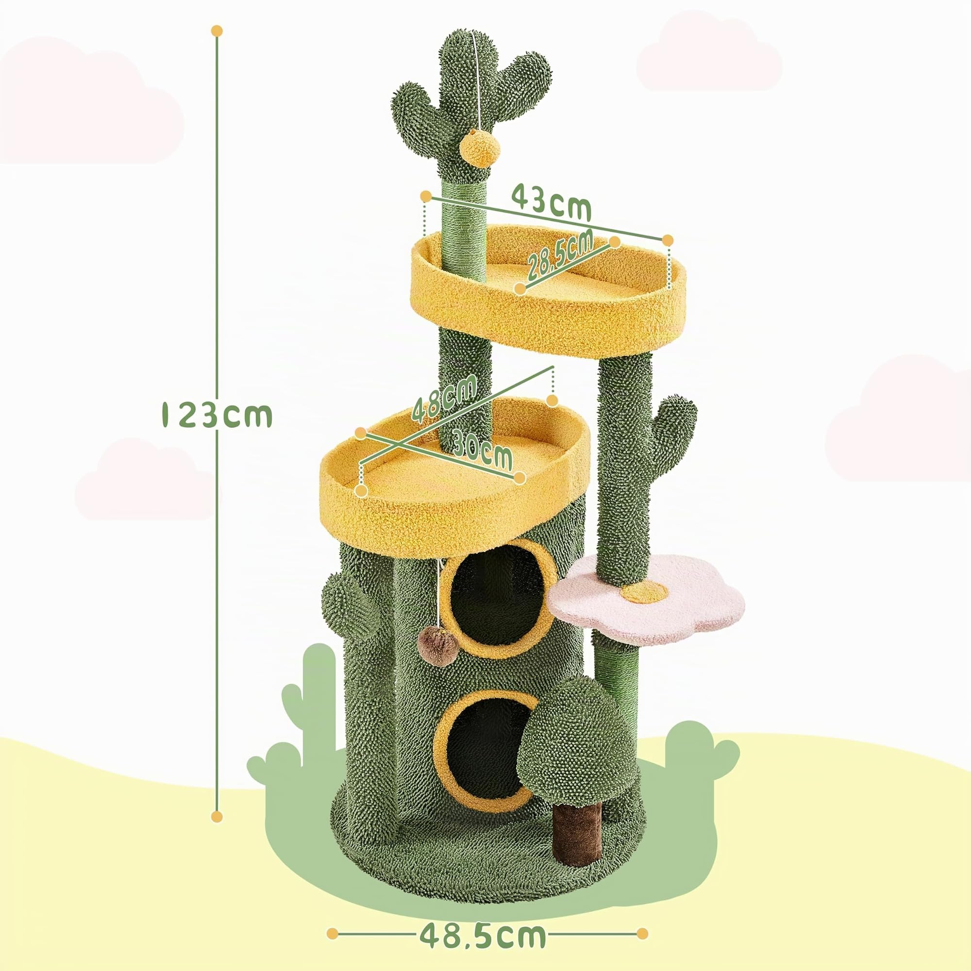 Abician Arbre à Chat Cactus en Tissu Moppy Tour pour Chat Cachette Perchoirs Poteaux avec Griffoirs en Sisal Jouets 123 cm