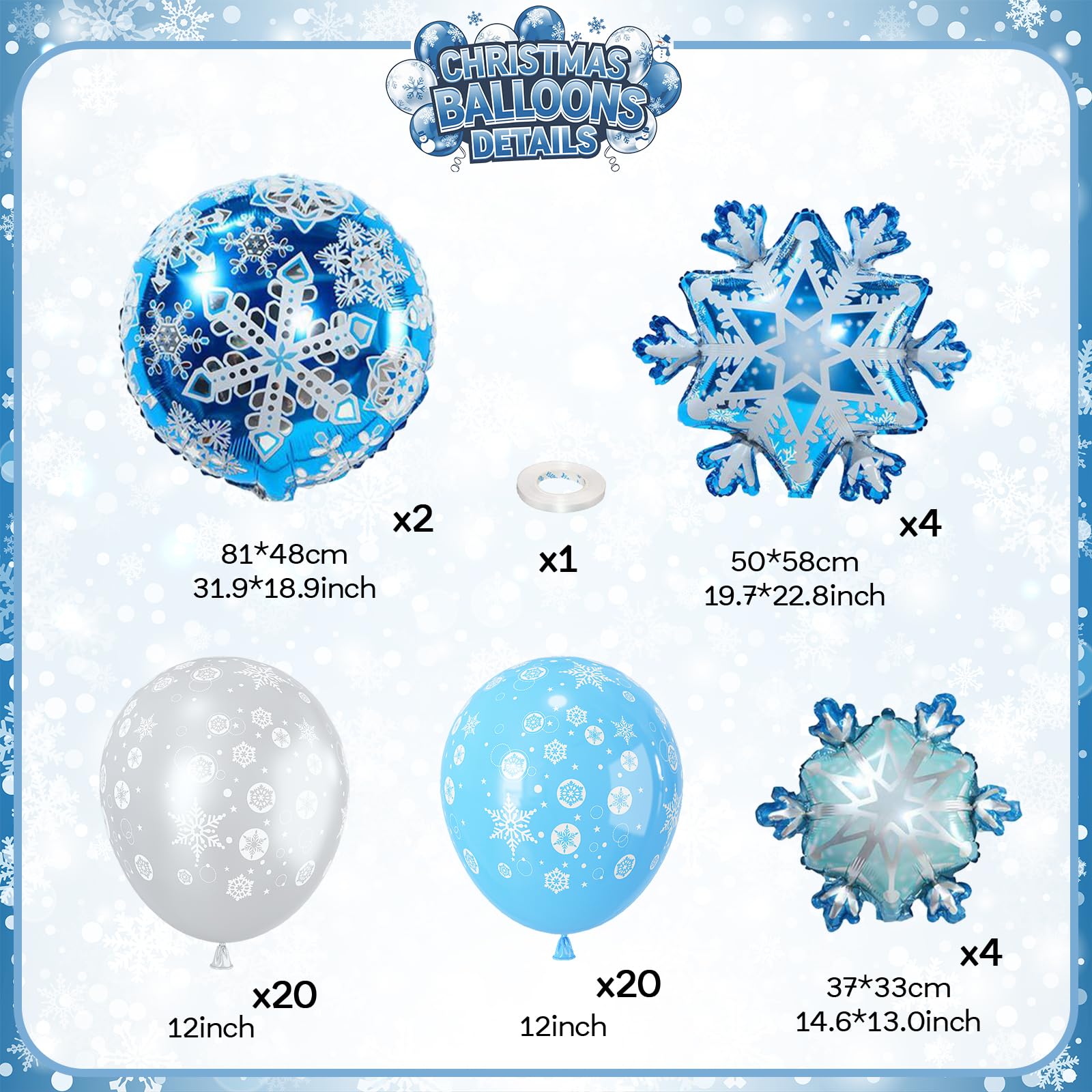 50 Stk Weihnachts Schneeflocken Ballons Set, Blau Silber Schneeflocke Folienballon in verschiedenen Formen und Latex Ballons, Weihnachten Deko Luftballon für Winter Wunderland Party Dekoration
