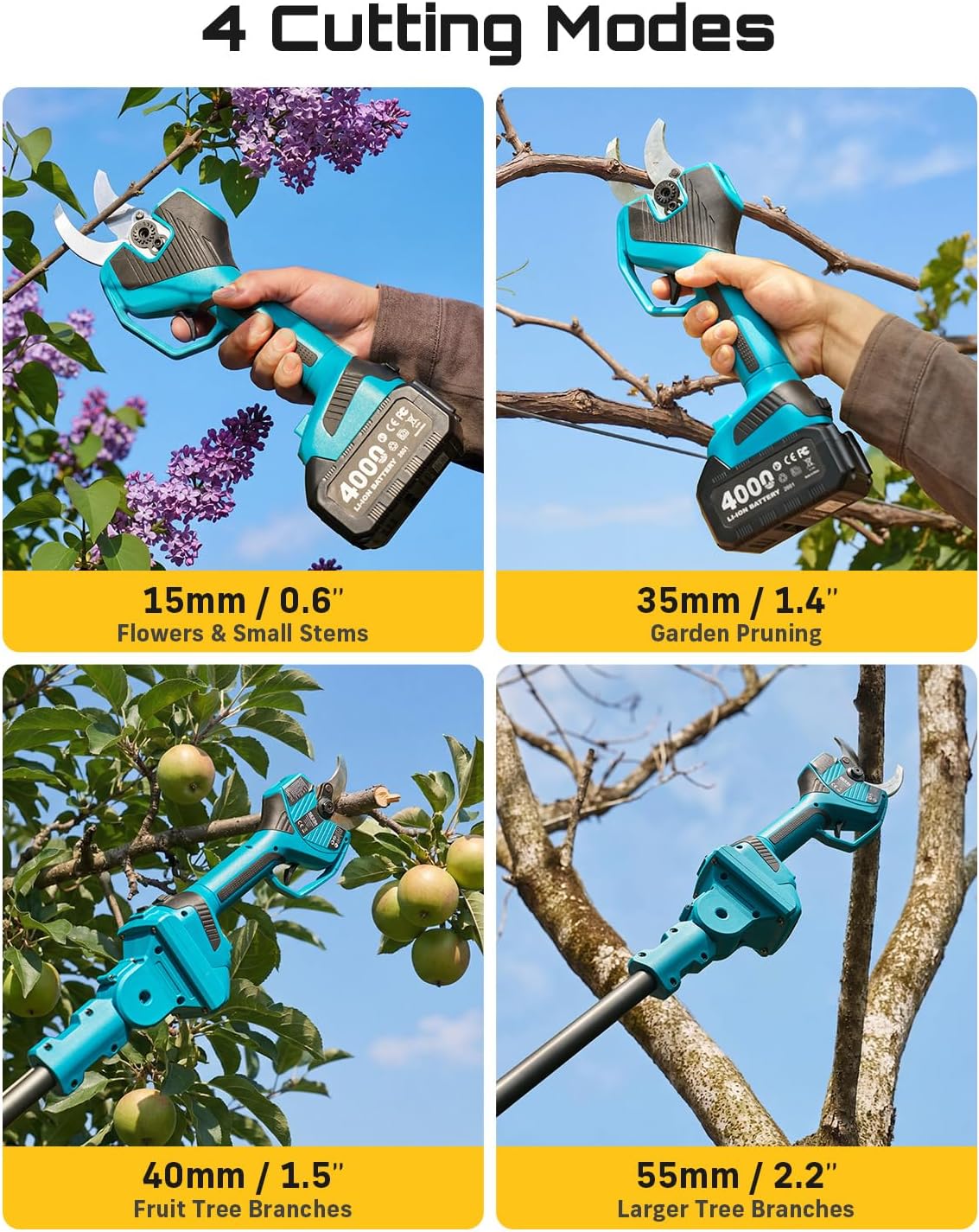SEESII 2-in-1 Pole Pruning Shears: 2.2" Cutting Diameter Cordless Electric Pole Pruners, 2*4000mAh Batteries, Brushless Motor, Extra SK5 Blade, 4 Mode Adjustable Garden Shears for Tree Flower Trimming