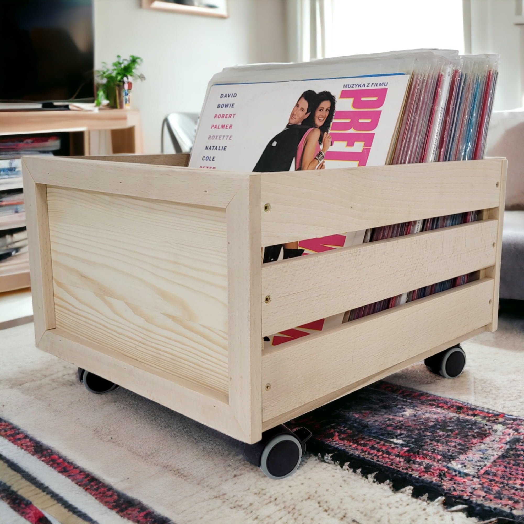 weeco Caisse en bois avec roues pour disques vinyle. Caisse en bois ajourée sur roues pivotantes pour livres, documents, bouteilles. Boîte de rangement en bois de hêtre - Construction solide