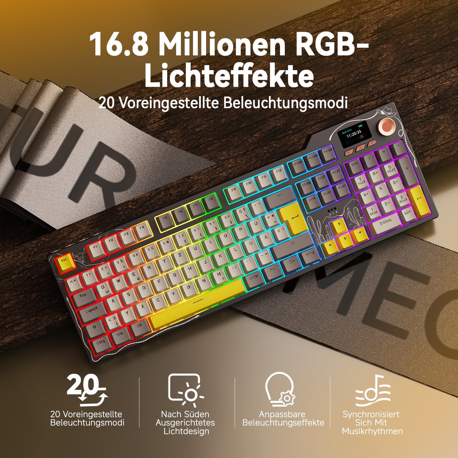 AJAZZ AK35I V3 MAX Mechanical Keyboard, 104-Key Hot Swappable Wireless Keyboard with TFT Screen and Volume Control Knob, RGB Backlit, 2.4GHz/USB-C/BT Gaming Keyboards, Black Grey Yellow