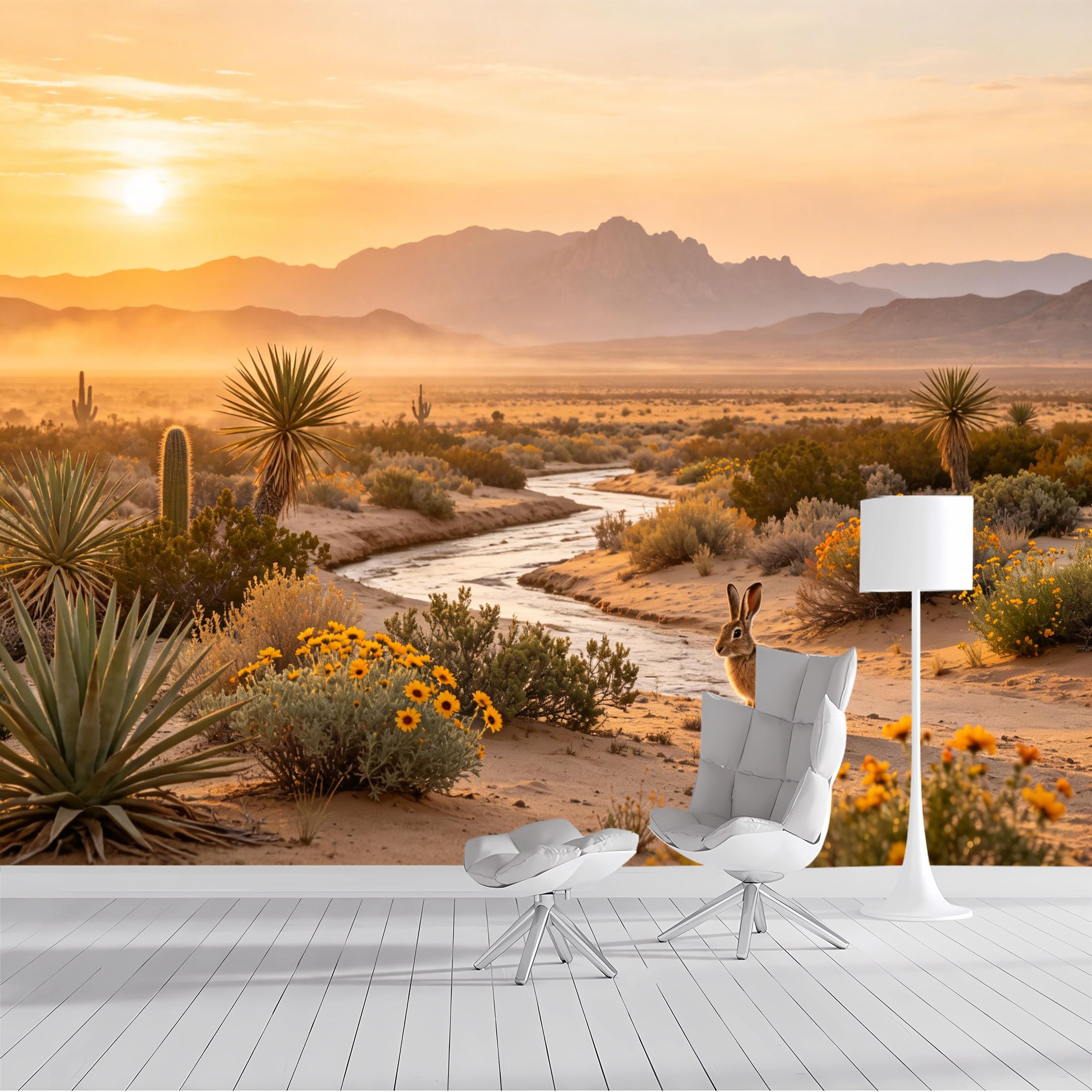 Custom Size Wall Mural Desert Landscape Rabbit Sunset Desert Canyon Nature Scene Pastel Watercolor SelfAdhesive Wall Fabric Removable Wallpaper for Living Room Bedroom Bathroom