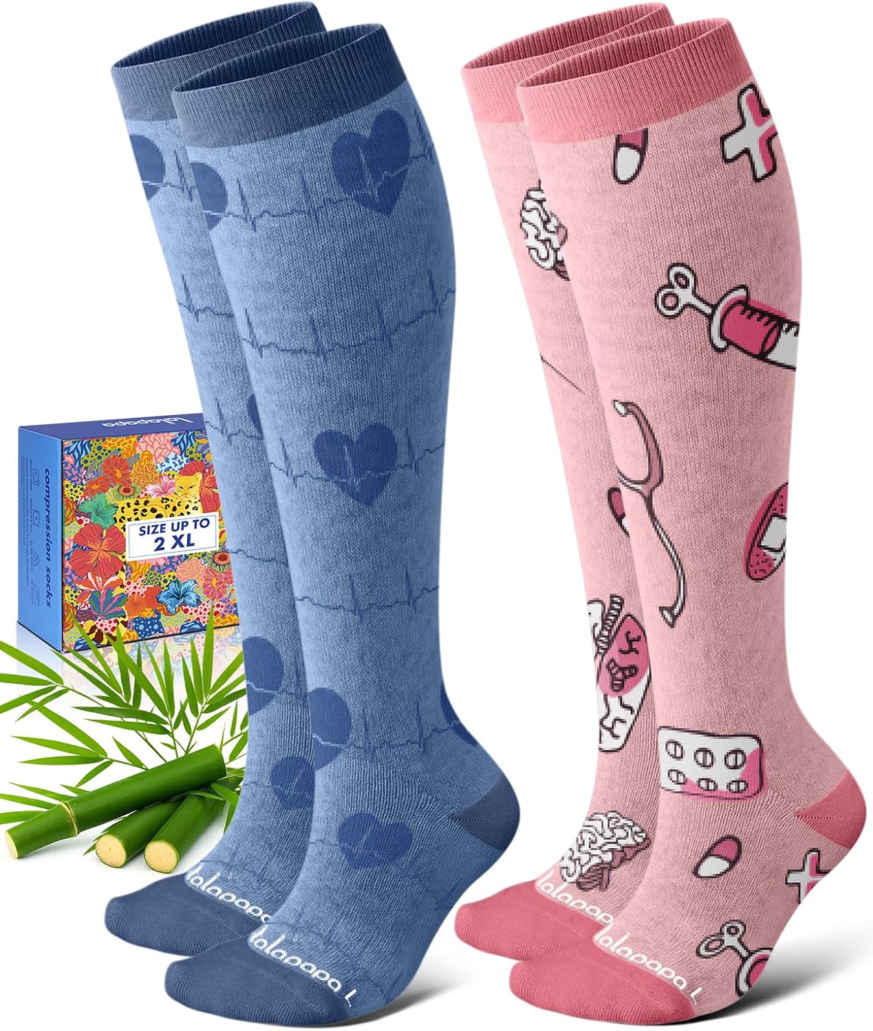 Lalapapa Bamboo Viscose Compression Socks for Women Men 2 Pairs 15-20mmHg Knee High Compression Socks Travel Nurse