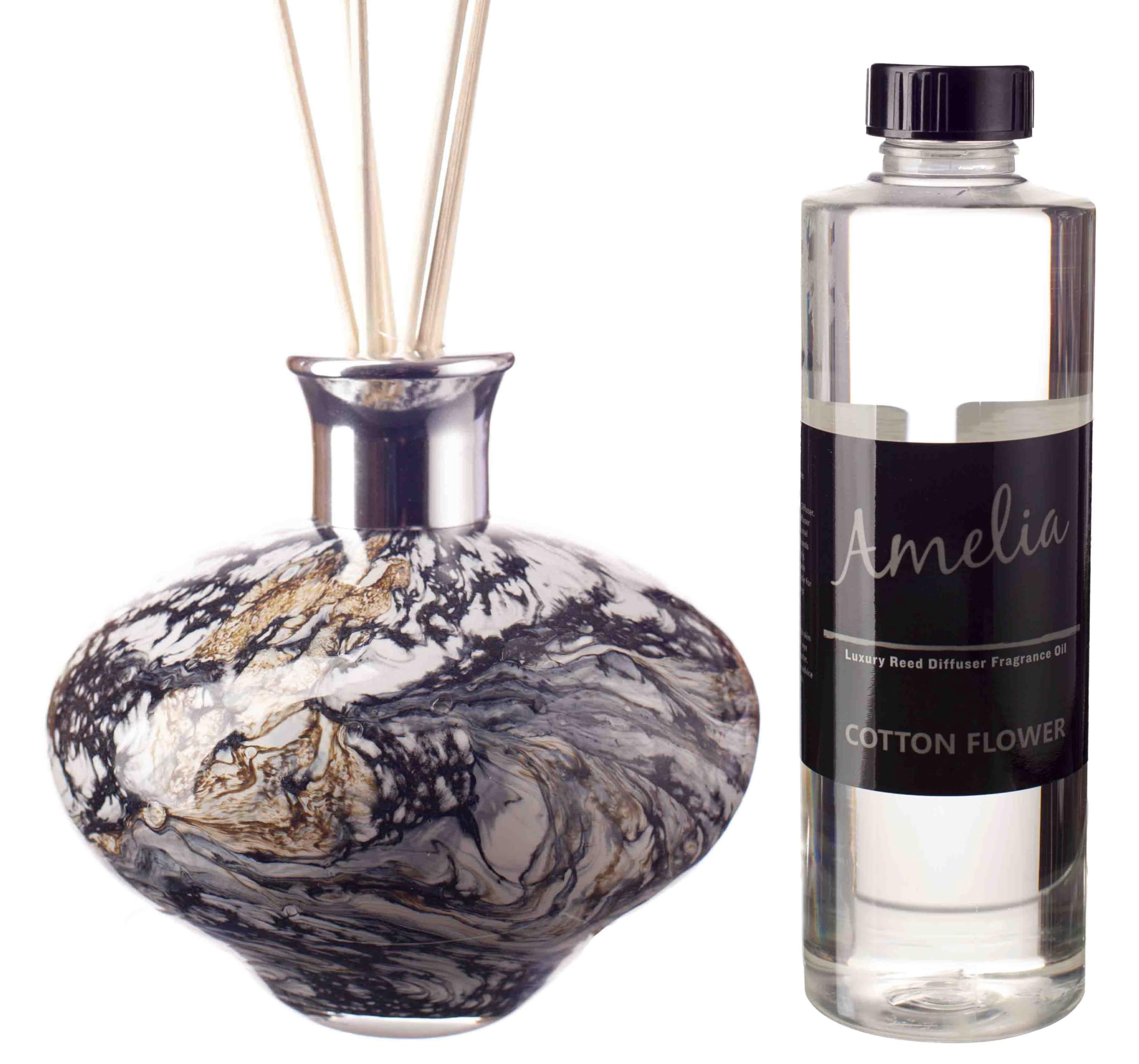 Amelia Art Glass Black, White And Gold Marble Design Glass Oval Reed Diffuser In (Twilight Quarry) With Cotton Flower Fragrance