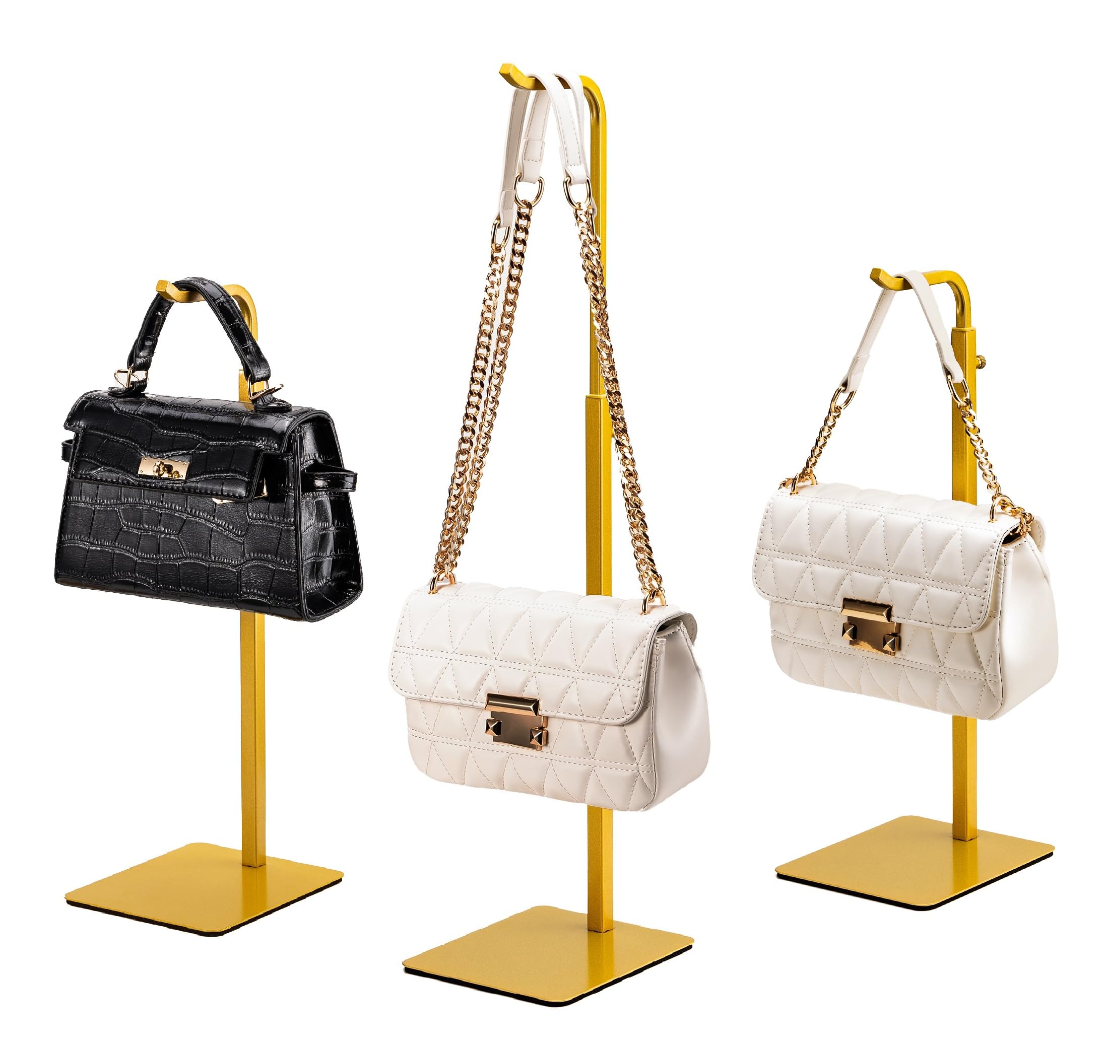 3 Pack Purse Holder Handbag Display Stand: Gold Hanger Rack for Bags, Purses, and Wreath, Adjustable Hook Stand for Tabletop, Closet, and Retail Use