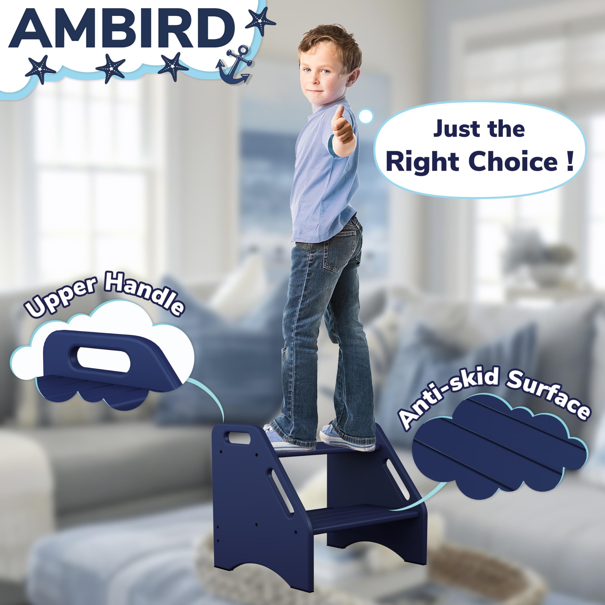 AMBIRD Holz-Tritthocker, zweistufiger Hocker für Kleinkinder, 136 kg Kapazität, mit rutschfesten Sicherheitspads und Griffen, Bambus-Tritthocker für Badezimmer, Küche, Doppelhöhe, Tritthocker für