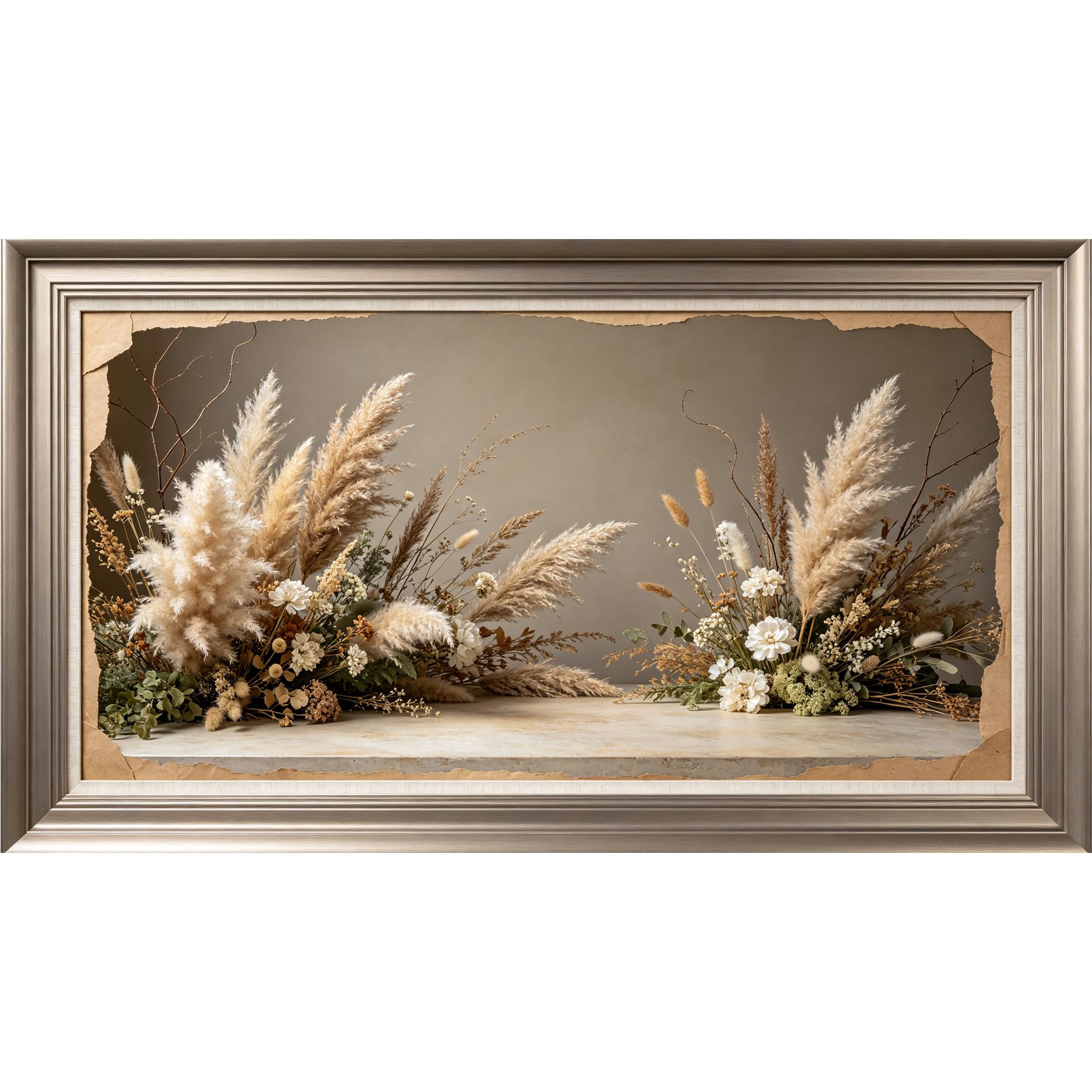 QZLITHOTIC 50×90cm3D Framed Wall Art， Dried Pampas Grass Beige Floral Arrangement SelfAdhesive Mural， WaterActivated Peel & Stick Fabric Decor Wall Decal for Bedroom Living Room