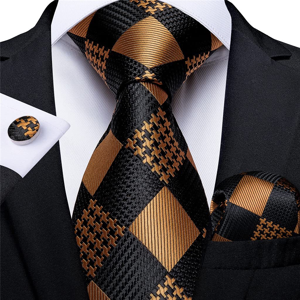 Caja de Regalo Conjunto de Corbata para Hombre Boda Formal Negocios Paquete de 3 Corbata para Hombre en Negro, Dorado y Verde, Gemelos y pañuelo