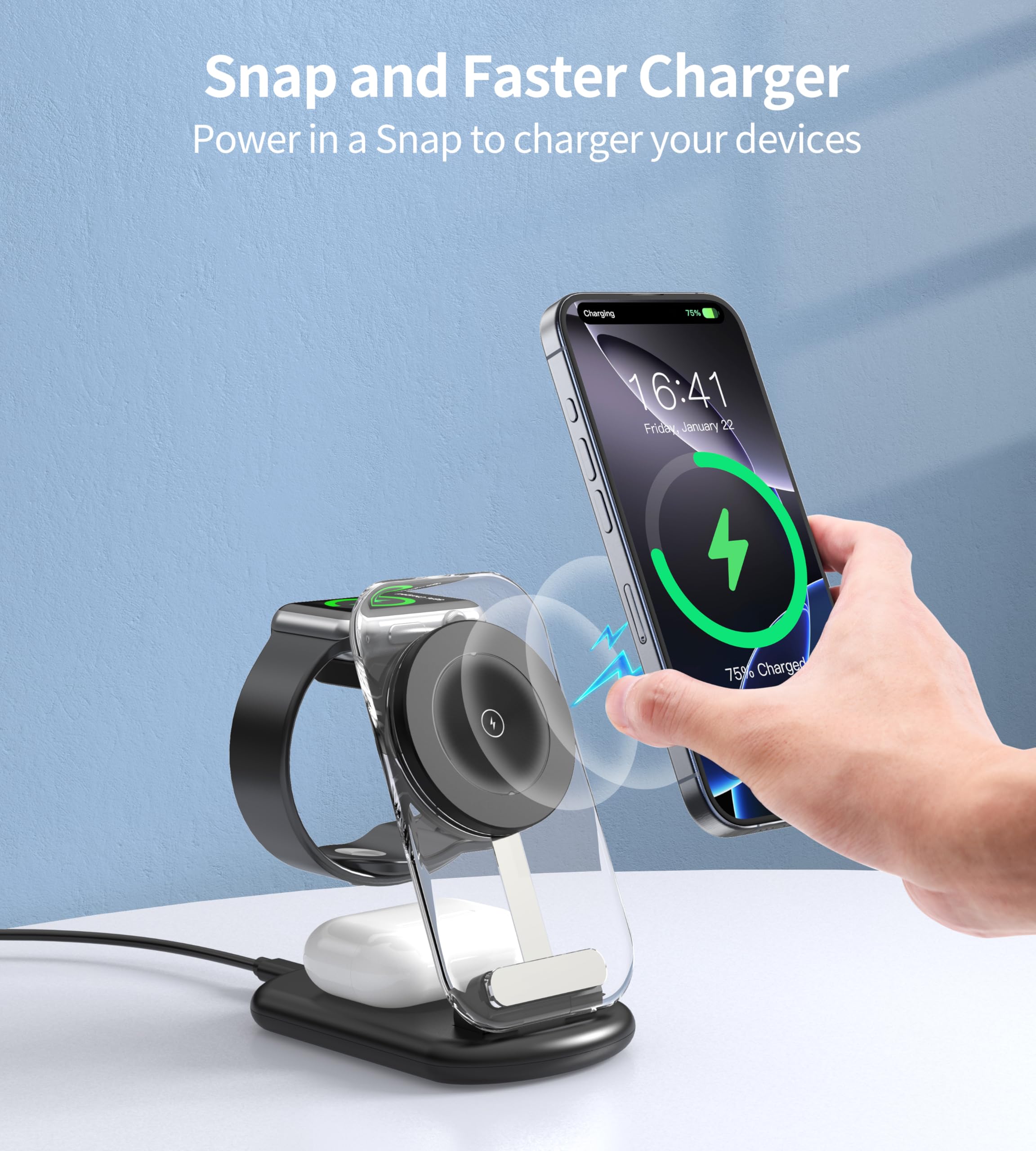 Estación de carga inalámbrica 3 en 1 para Mag-Safe, cargador magnético inalámbrico plegable y ajustable, soporte de cargador de viaje Mag-Safe con luz para iPhone Series 15/14/13, AirPods, Apple Watch