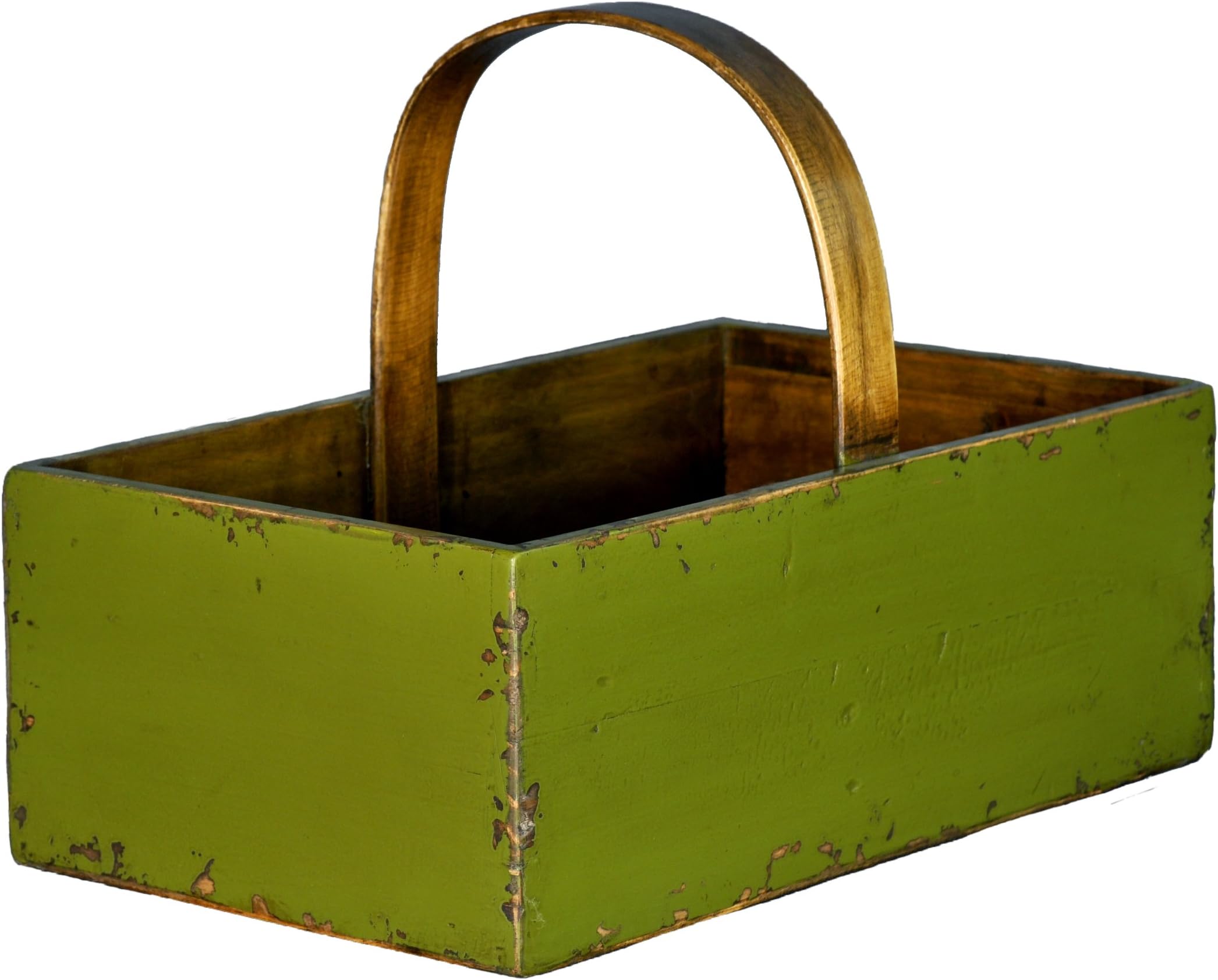 Antique Revival Square Wooden Fruit Bucket, Green Finish
