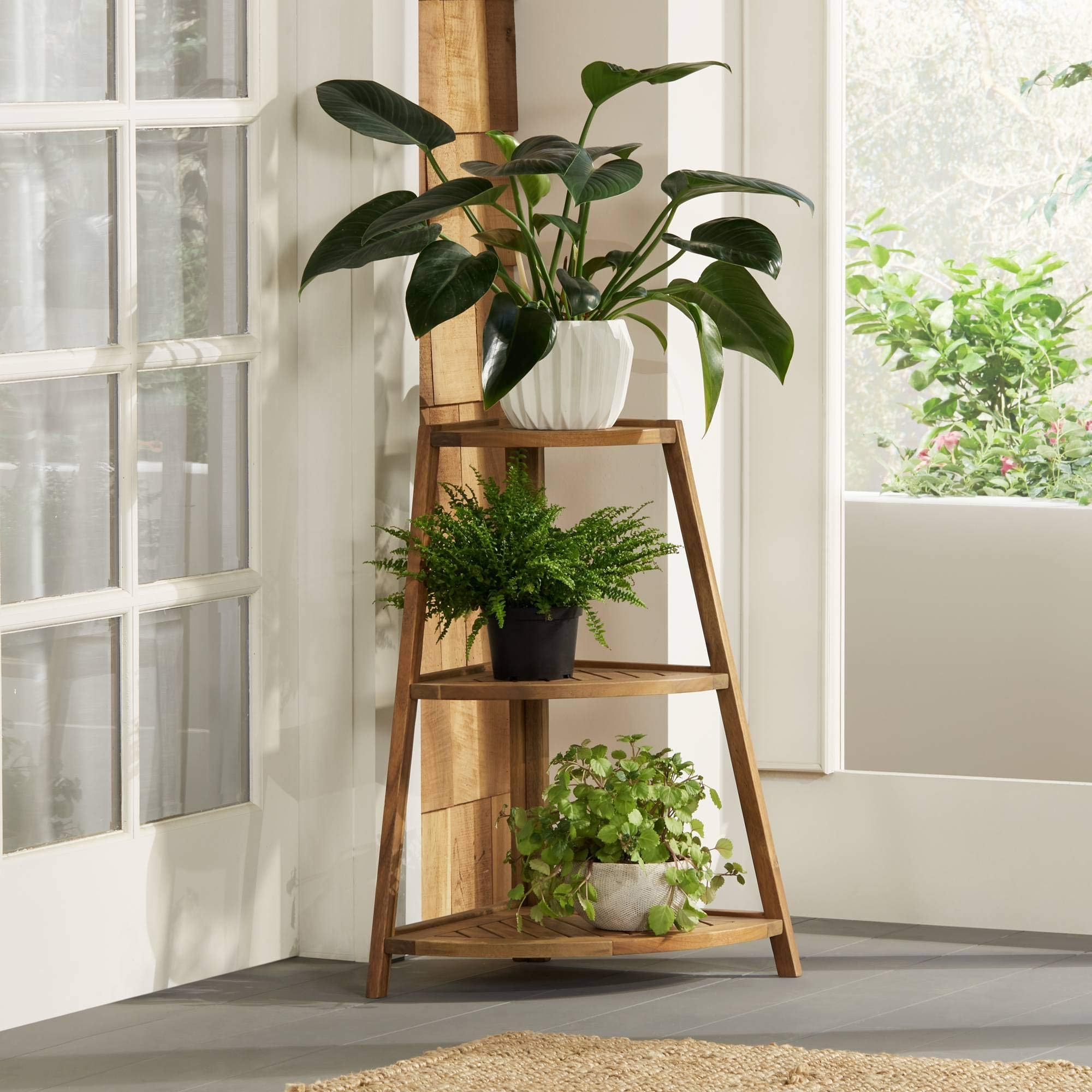 Teal Island Designs Le Petit Jardin Farmhouse Rustic Acacia Wood Triangular Indoor Outdoor Plant Stand 25" Wide Brown Tapering Slatted Frame 3-Shelf for Patio Living Room House Balcony Office