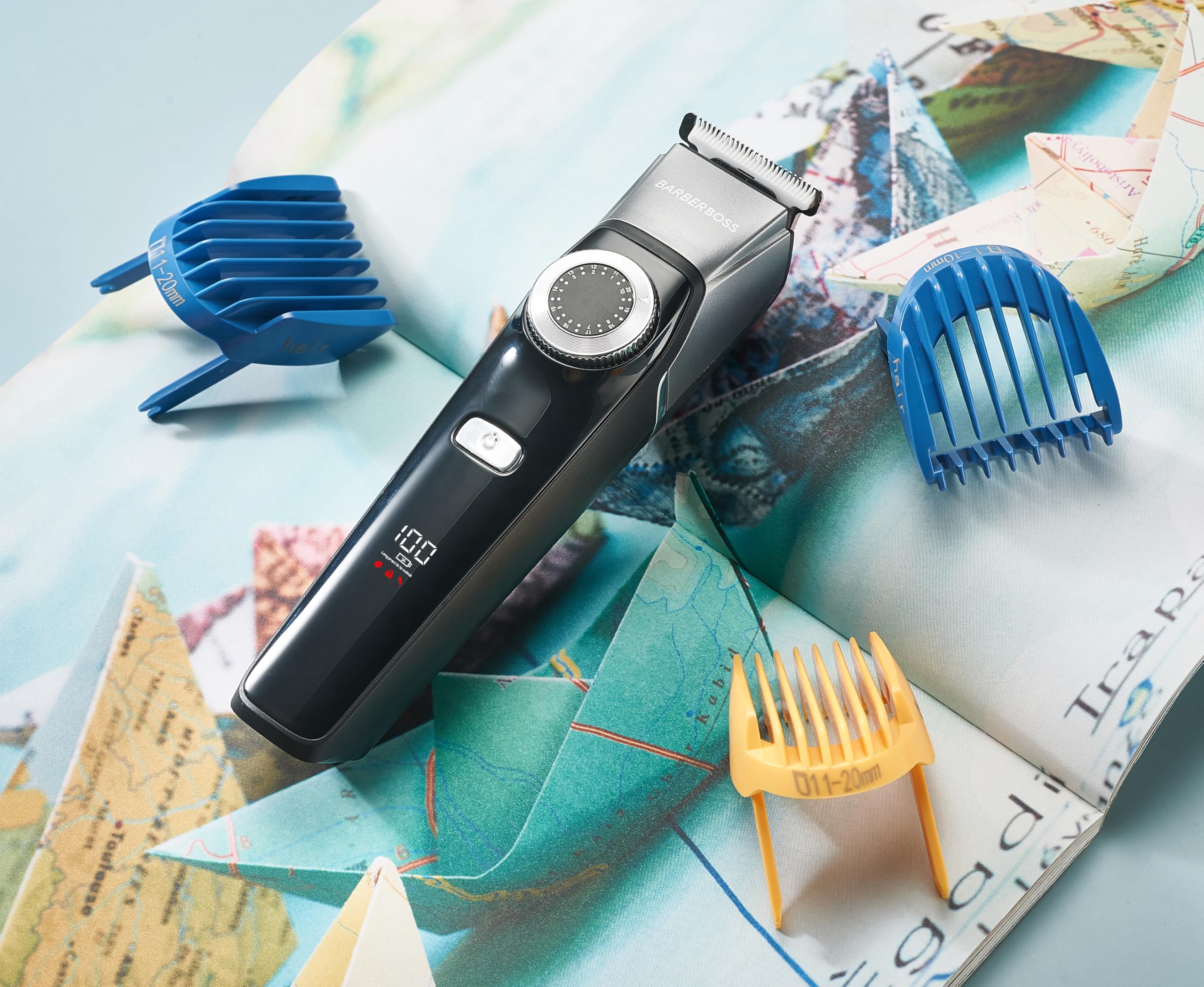 BarberBoss Zestaw do pielęgnacji twarzy 3 w 1 dla mężczyzn, trymer do włosów, trymer do brody, trymer do szczegółów, precyzyjna tarcza sterująca, 4 grzebienie prowadzące, ładowanie USB