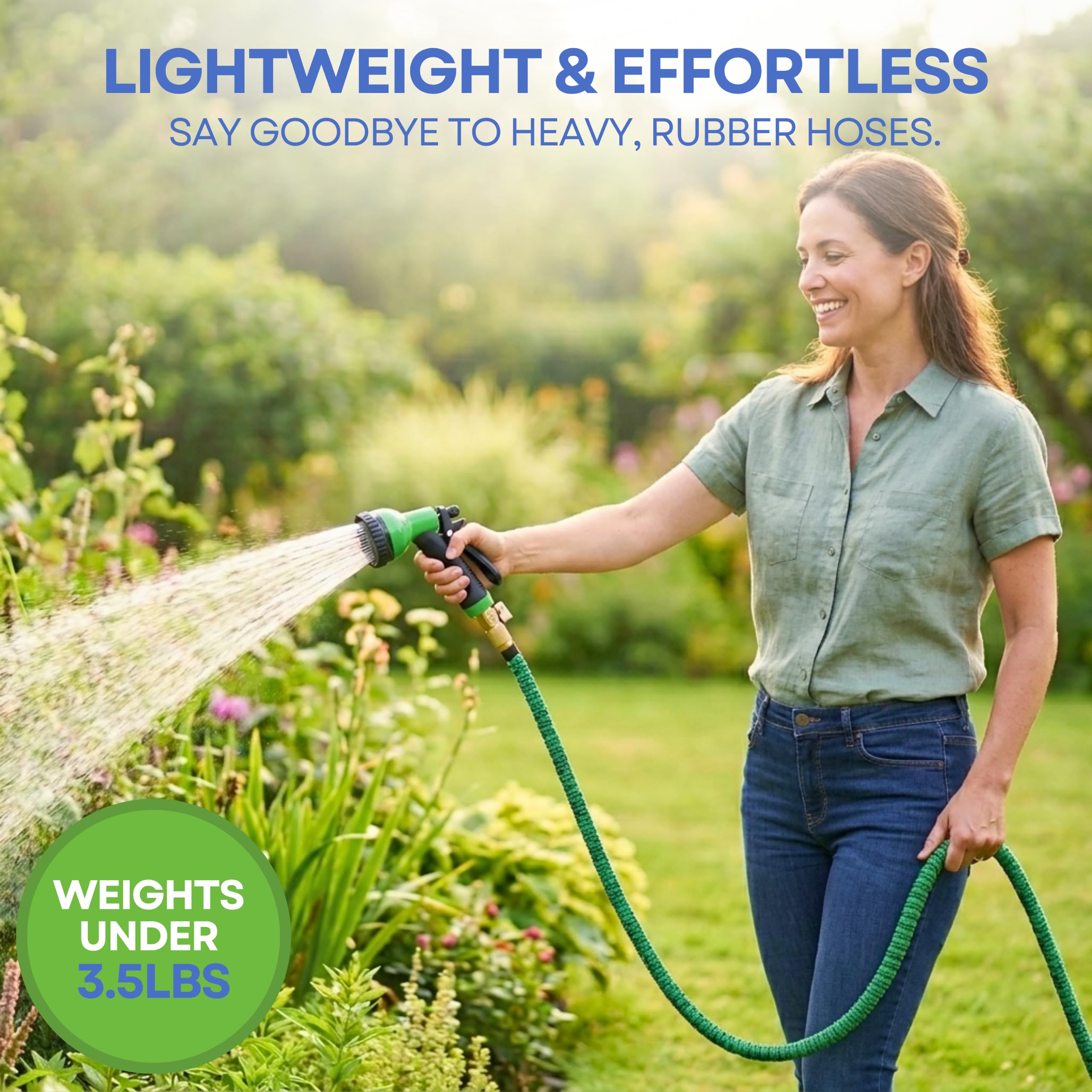 J&B XpandaHose - Manguera de jardín expandible de 50 pies con soporte, resistencia superior 3750D, núcleo de látex de 4 capas, conectores de latón extra fuertes y 10 boquillas de pulverización con