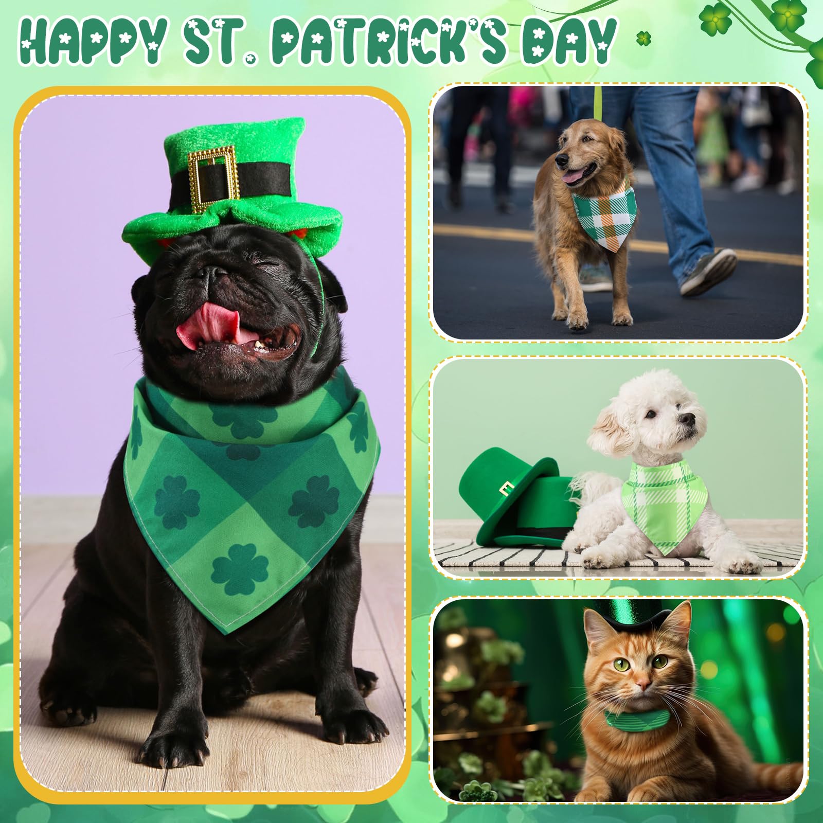Sweetude St. Patrick's Day Halstücher für Hunde, kariert, verstellbar, waschbar, Halstuch, Urlaub, Haustierkostüm, Zubehör, Pflegezubehör für kleine bis große Katzen, 60 Stück