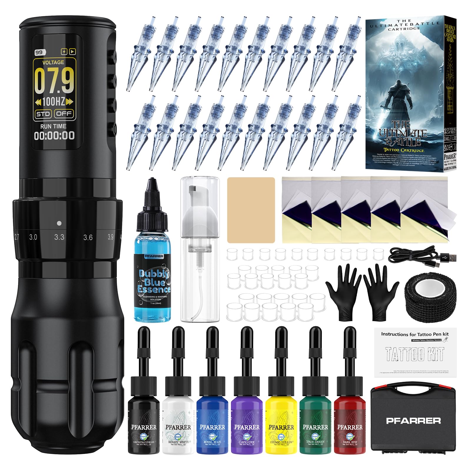 PFARRER Kit de Machine avec 1600mAh Battery LCD Digital 20PCS Cartouches 7PCS Accessoires Inks Kit Complet PR-TKE652AEU-1