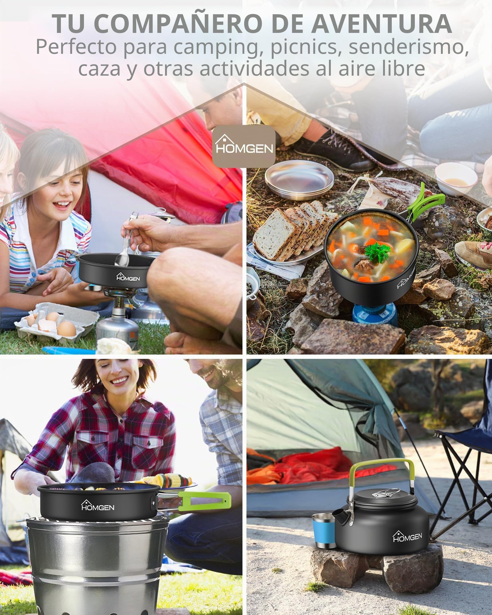 HOMGEN Kit de Cocina Camping 1-2 Personas Menaje Camping con Tetera Verde | Batería de Cocina Camping con Olla Sartén Tetera Tazas Aisladas Cubiertos Mangos Plegables para Senderismo Trekking Picnic