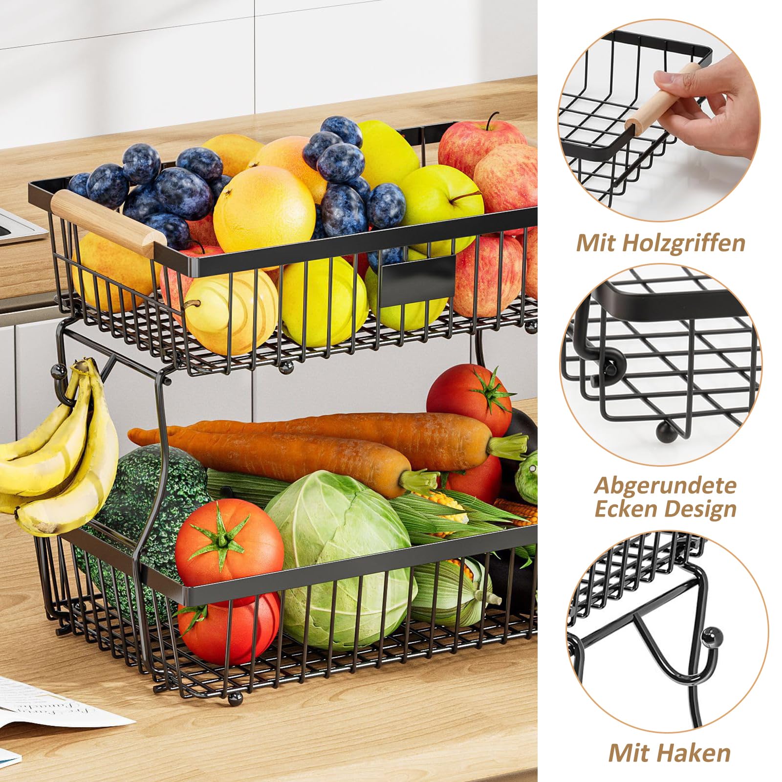 Portafrutta a 2 Ripiani in Metallo, Cestino Portafrutta a 2 Ripiani, Cestino per la Frutta Rimovibile, Fruttiera Moderna con Maniglie in Legno, Include 2 Ganci, Adatto per Snack, Verdure e Pane