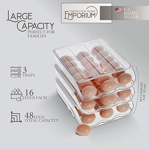 Miniatura 3 de Recipiente para huevos para refrigerador, cajón de plástico transparente apilable de 3 niveles, 4 docenas de capacidad para organizar huevos de