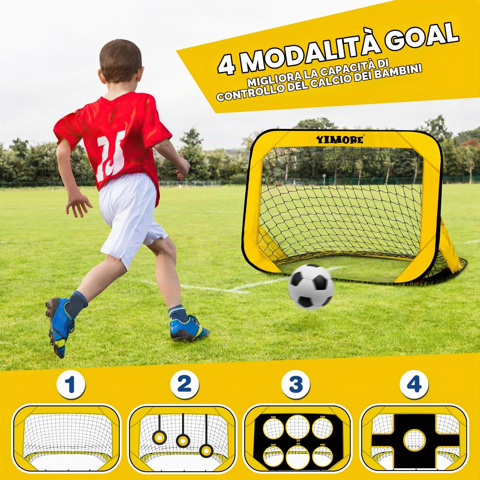 Yimore Porte da Calcio per Bambini, 4 Modalità Pop-up Porta da Calcio da Giardino, Pieghevole con Borsa per Trasporto, 120 x 80 x 80 cm, Regalo per Bambini