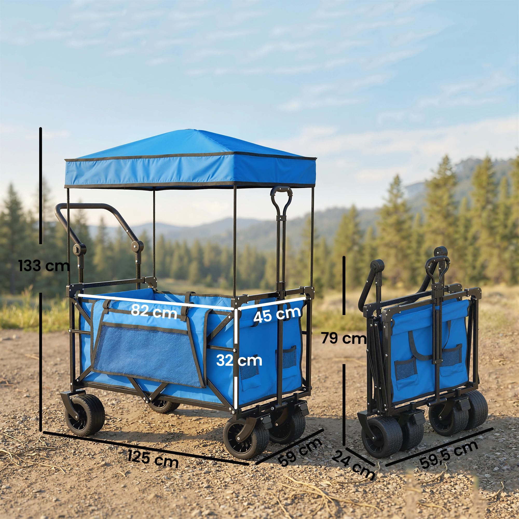 Outsunny Carro Playa con Ruedas Grandes con Freno, Techo Extraíble, Carro Plegable para Jardín con Barra Ajustable, Portavasos y Bolsillos, Carga 100 kg, para Todo Terreno, Campaña, Compras, Azul