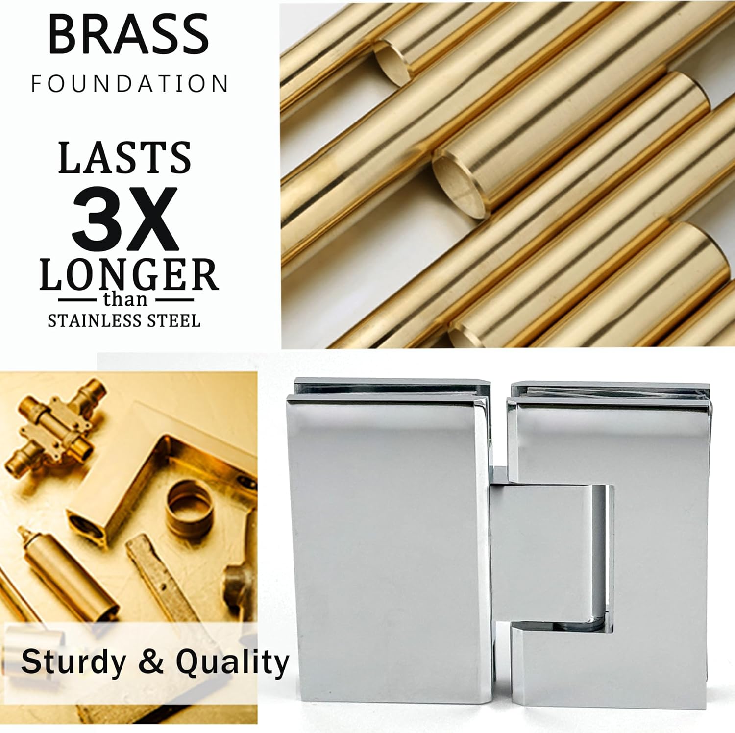 Brass Glass Door Hinge Heavy Duty Short Back Plate Hinges, Shower Door Hardware Replacement for 5/16" to 1/2" (8 to 12 mm) Tempered Glass 135° 180° (Chrome, 180°)