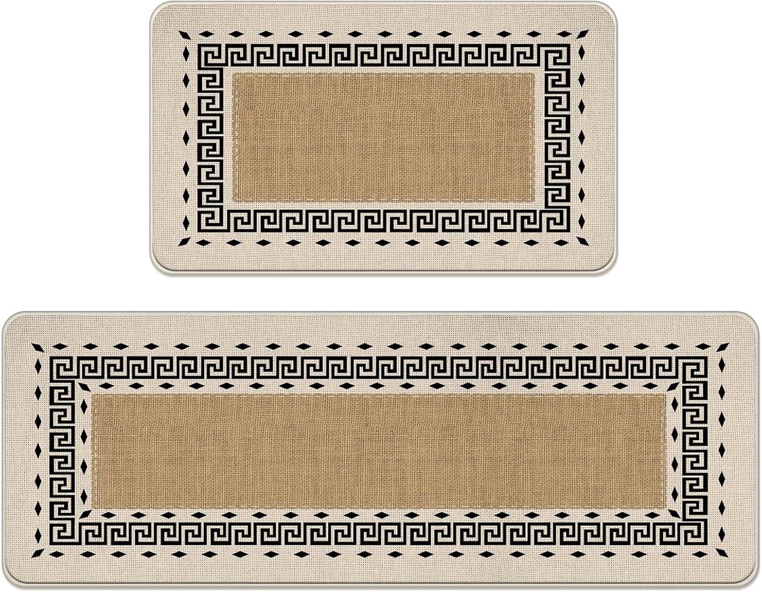 Brown Greek Key Kitchen Rugs Set of 2, Vintage Minimalist Twist Line Border Floor Mats Home Decor, Geometric Accent Farmhouse Rustic Door Mat Decorations - 17x29 and 17x47 Inches