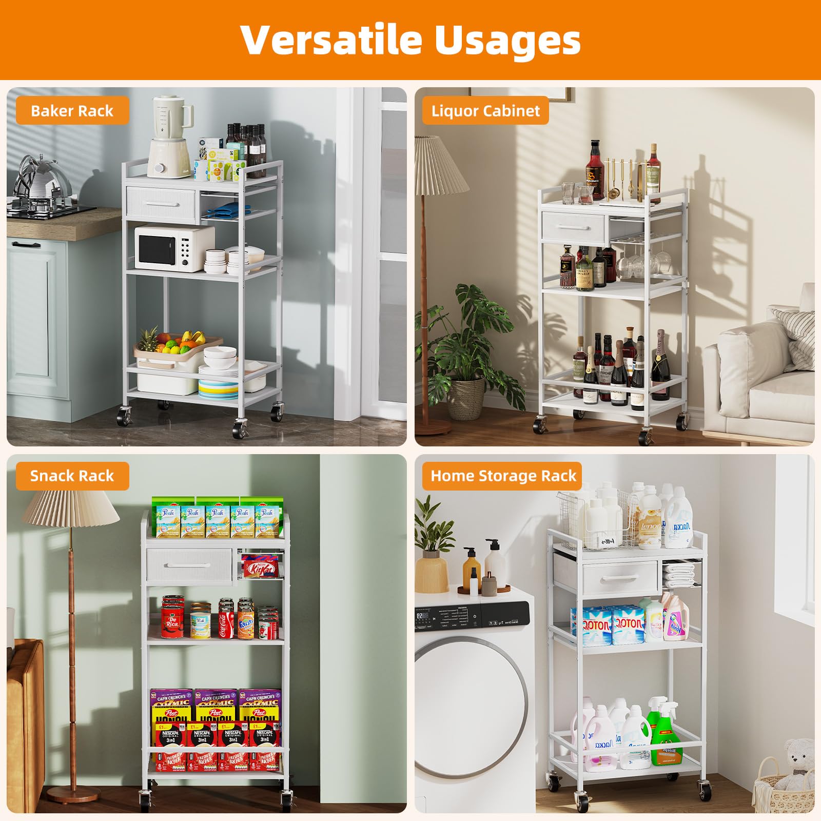Housolution Mueble Bar de Café Móvil de 4 Pisos con Almacén, Organizador de Café con 2 Cajones para K-Tazas para Nespresso Vertuo, Carrito Bar de Café para Casa, Cocina, Sala de Estar (Blanco + Gris)