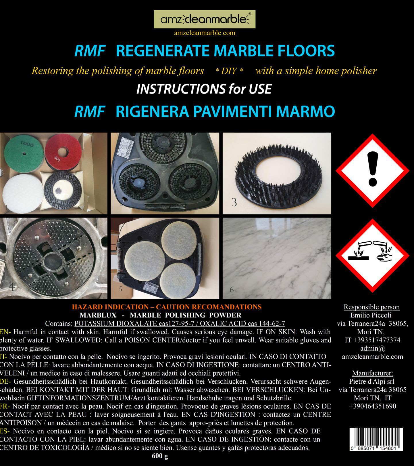 BMC Rigenera Pavimento Marmo kit 5” per utilizzare una normale lucidatrice domestica come levigatrice con dischi abrasivi e lucidanti 125mm per riportare a specchio pavimenti in marmo opachi