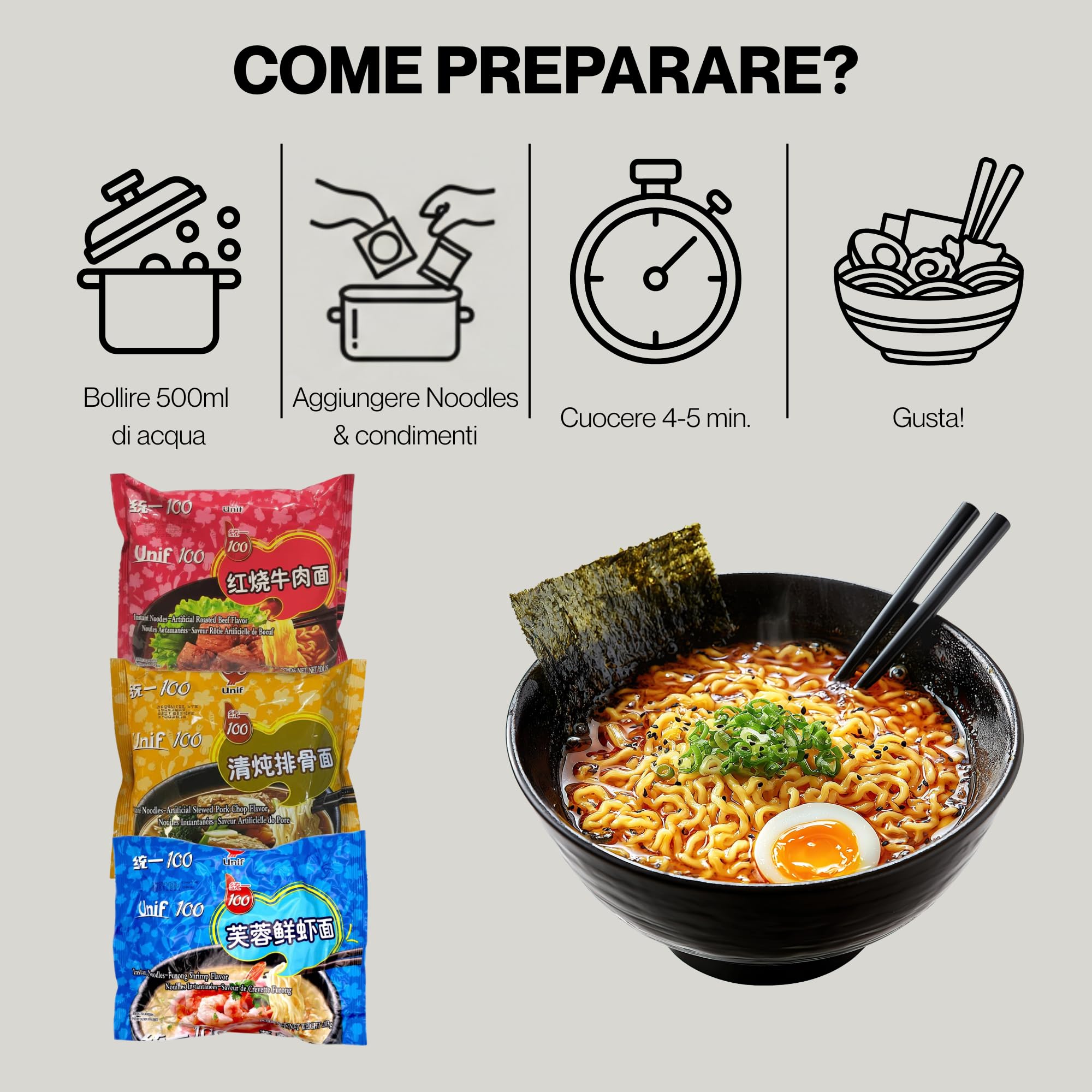 HU TASTE Kit Ramen Istantaneo UNIF Selezioni Brasate: Manzo, Costine di Maiale e Frutti di mare - Noodles Giapponesi e Cibo Cinese Pronto - Box Regalo Cucina Orientale e Asian Food - 9 Pack