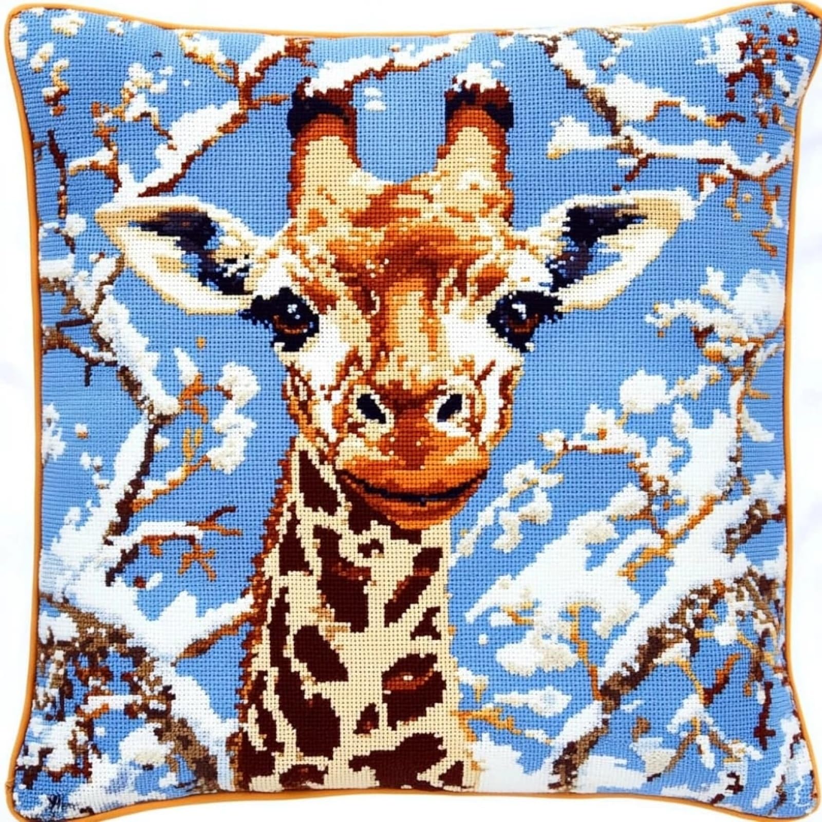 WallustrioaW 11CT Pre Printed Cross Stitch Kits,Giraffe in the Snow,DIY Embroidery Pillow Covers Kit DIY Handmade Needlework Cushion for Beginners,45x45cm
