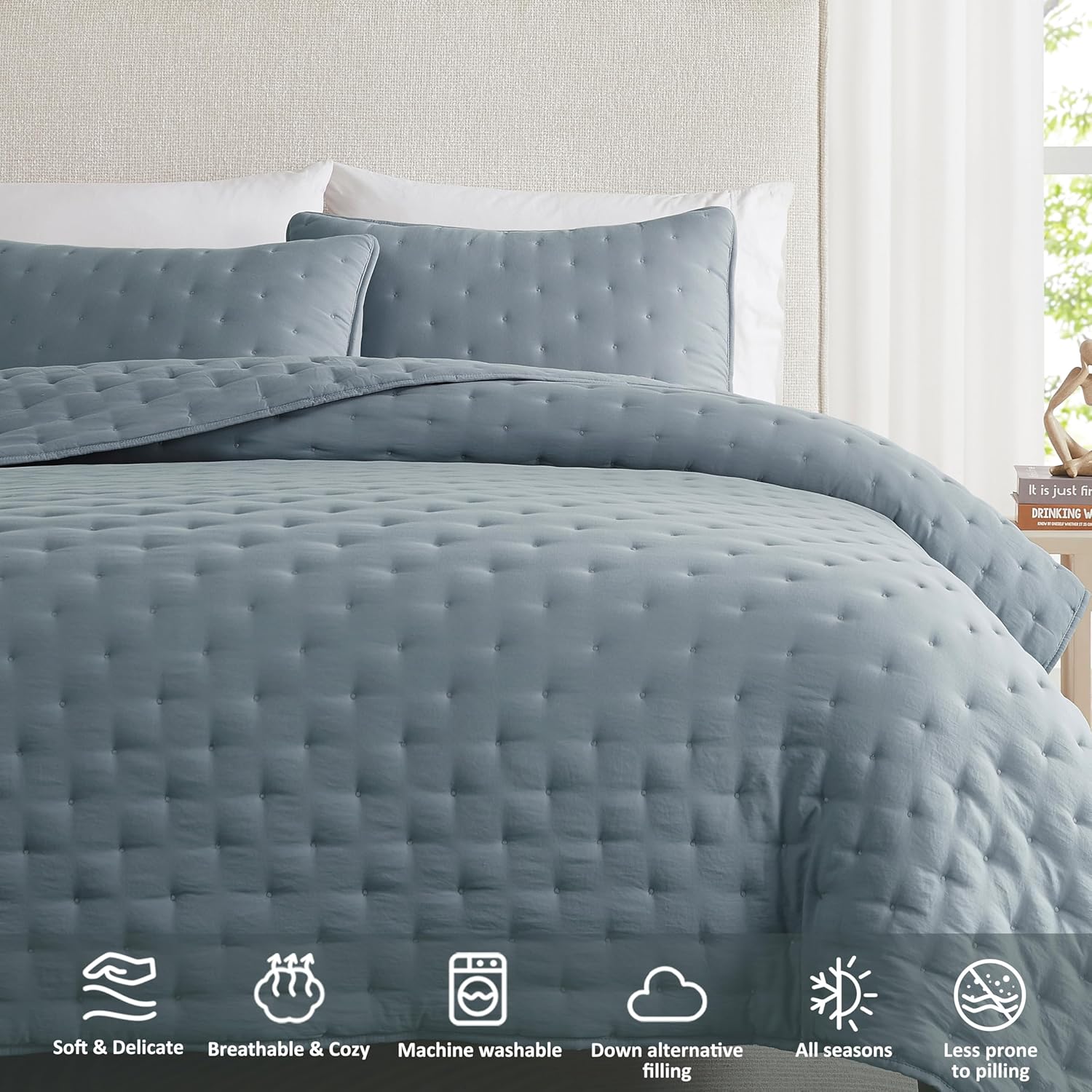 WDCOZY Dusty Blue Cloud King Size Quilt Set, Tan Lightweight Farmhouse Bedspread, Rustic Country Coverlet, Taupe Camel Soft Bedding, Thin Comforter for All Season - 3 Pieces, 104x90 inches