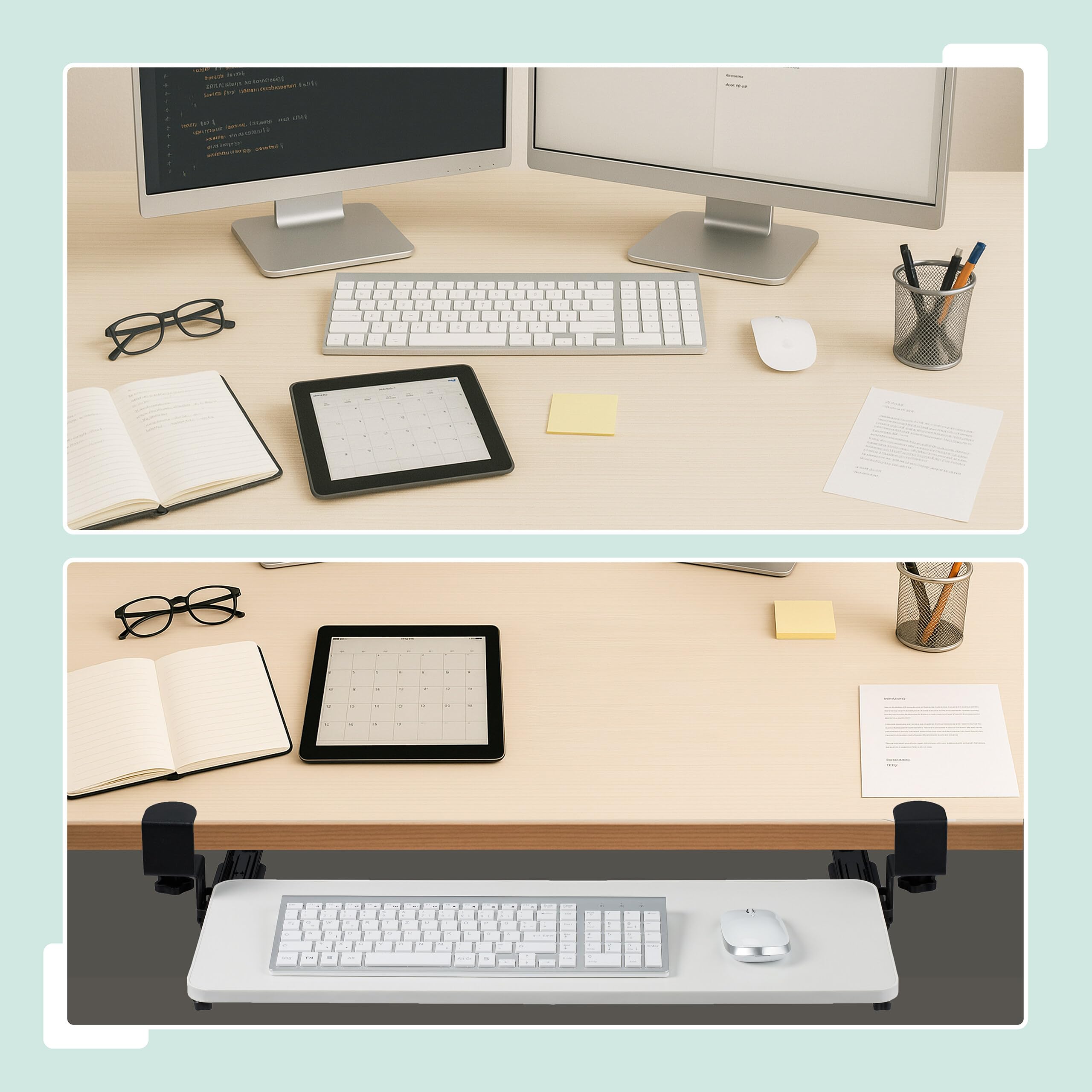 Relaxdays Support Coulissant pour Clavier et Souris, Design Moderne, Montage sans perçage, Plateau 65 x 34 cm, Blanc