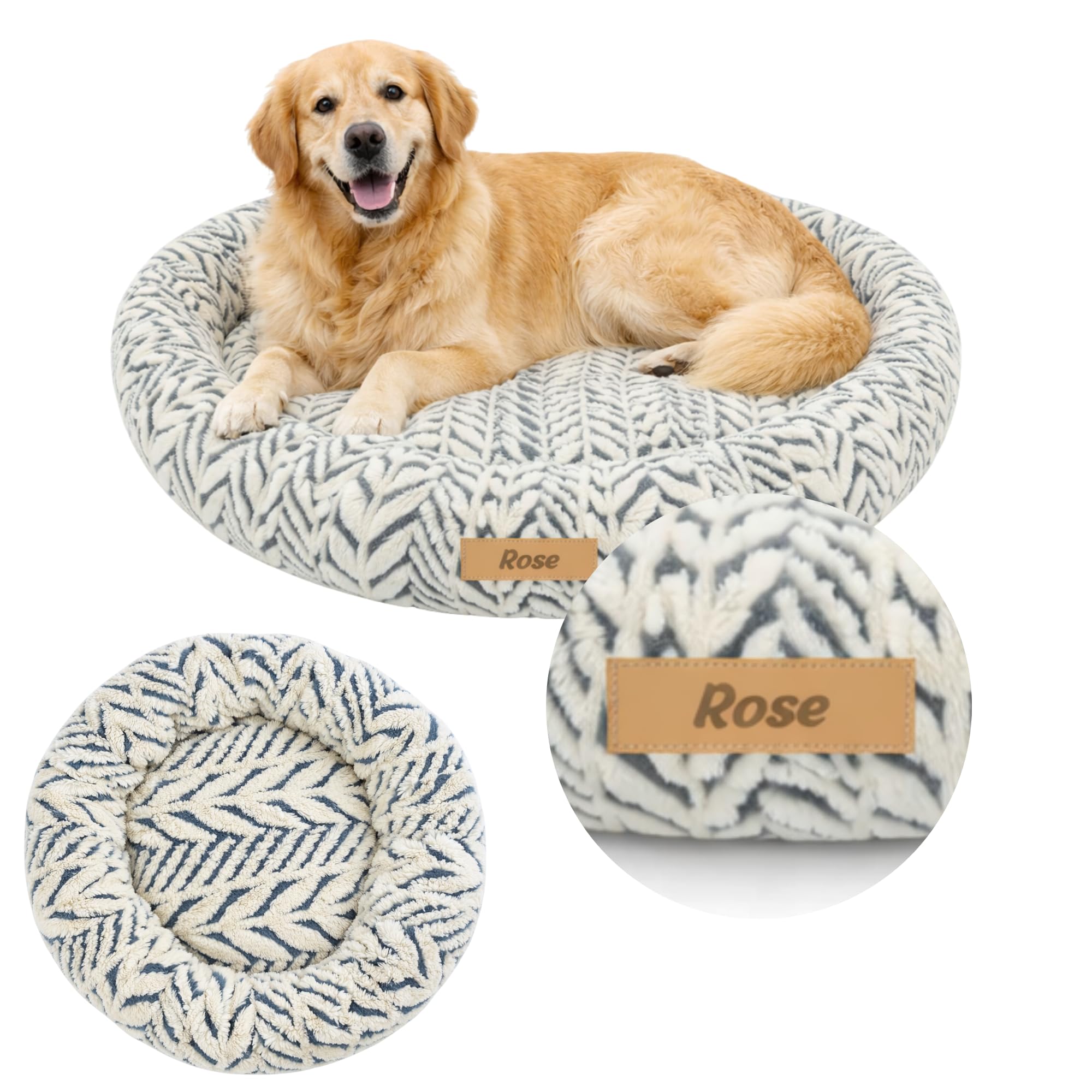 Donut Hundebett mit Namen Anti Stress Rund, Beruhigendes Hundekissen für Kleine und Große Hunde, Weiches Kuschelbett mit Erhöhtem Rand, Waschbar & rutschfest (Grau, XXL)
